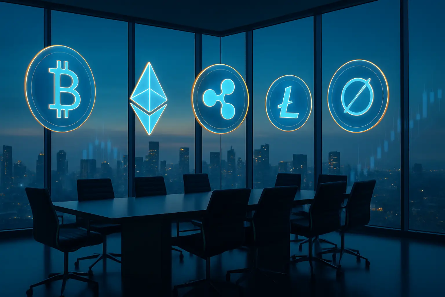 Abstract illustration of a corporate acquisition in the cryptocurrency sector with digital currency symbols and financial charts
