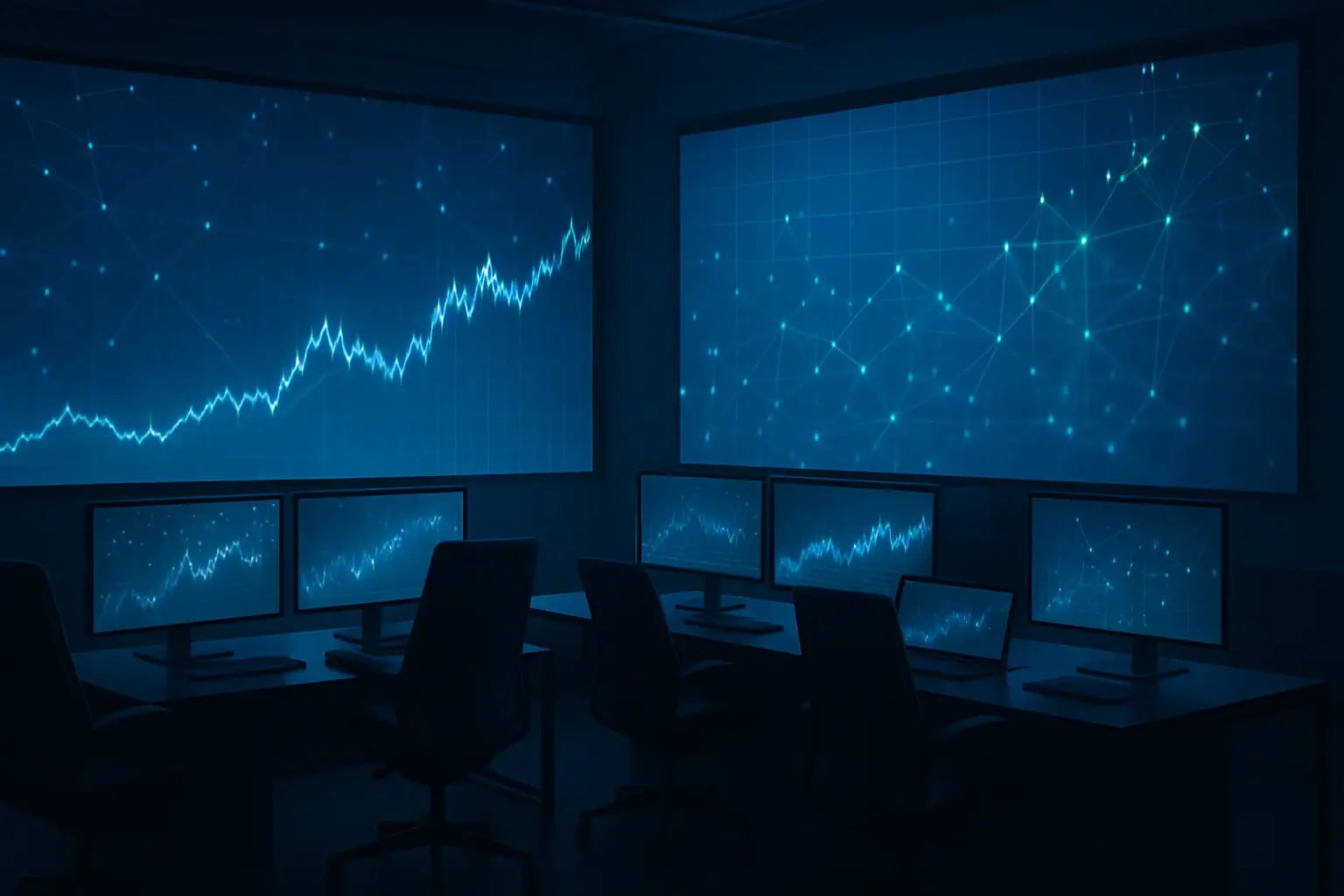 Abstract digital trading floor with blue institutional finance imagery and crypto network nodes