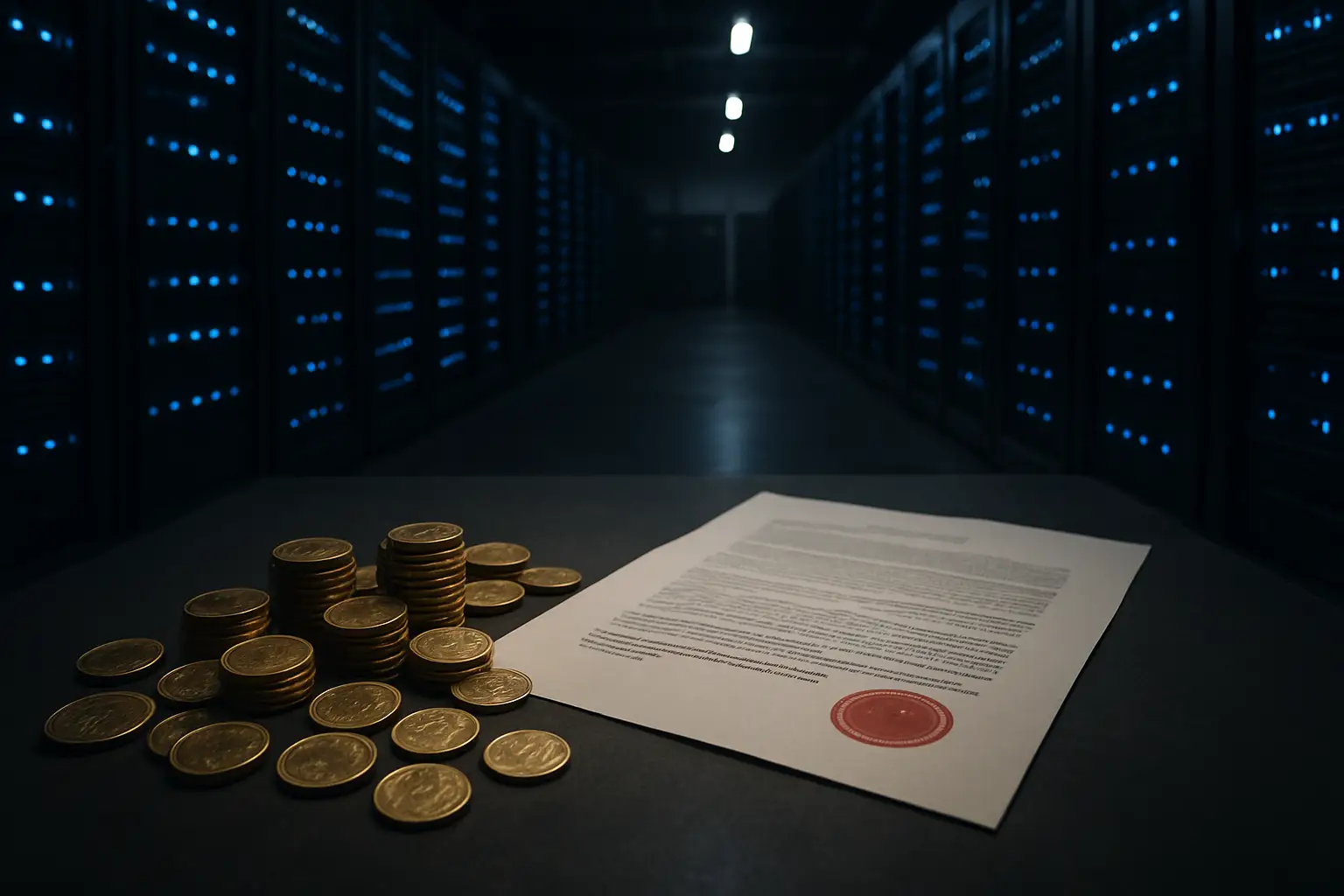 Abstract illustration of a crypto mining operation with warning symbols and regulatory themes