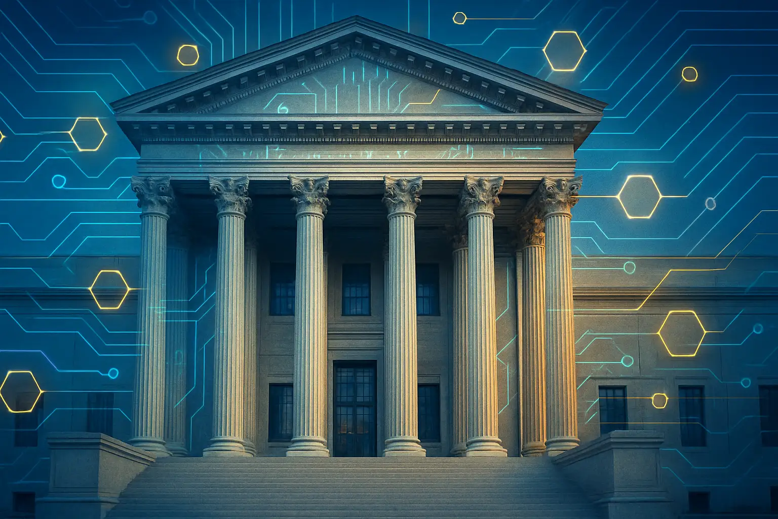 SEC headquarters building with abstract digital currency symbols overlaid
