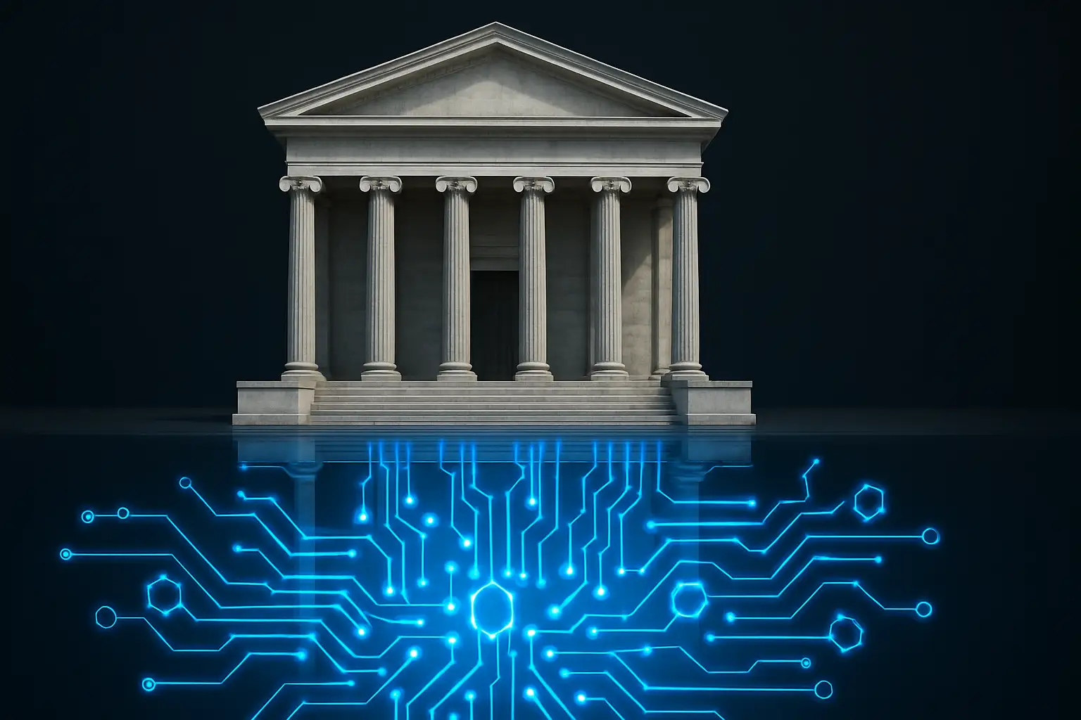 A government building facade reflected in a glowing digital circuit pattern symbolizing crypto regulation
