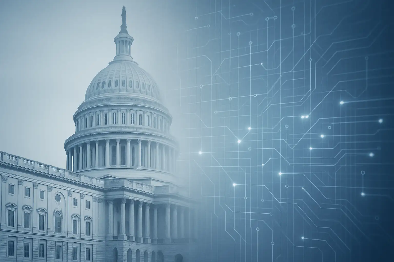 Capitol building seen through a network of digital nodes and blockchain connections