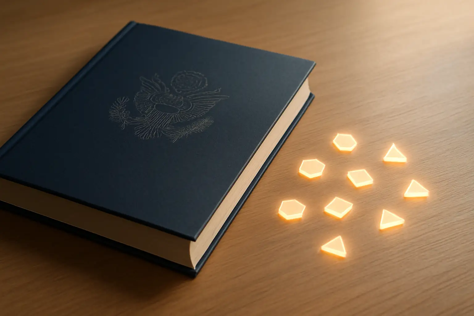 Abstract illustration of regulatory documents and cryptocurrency symbols on a desk