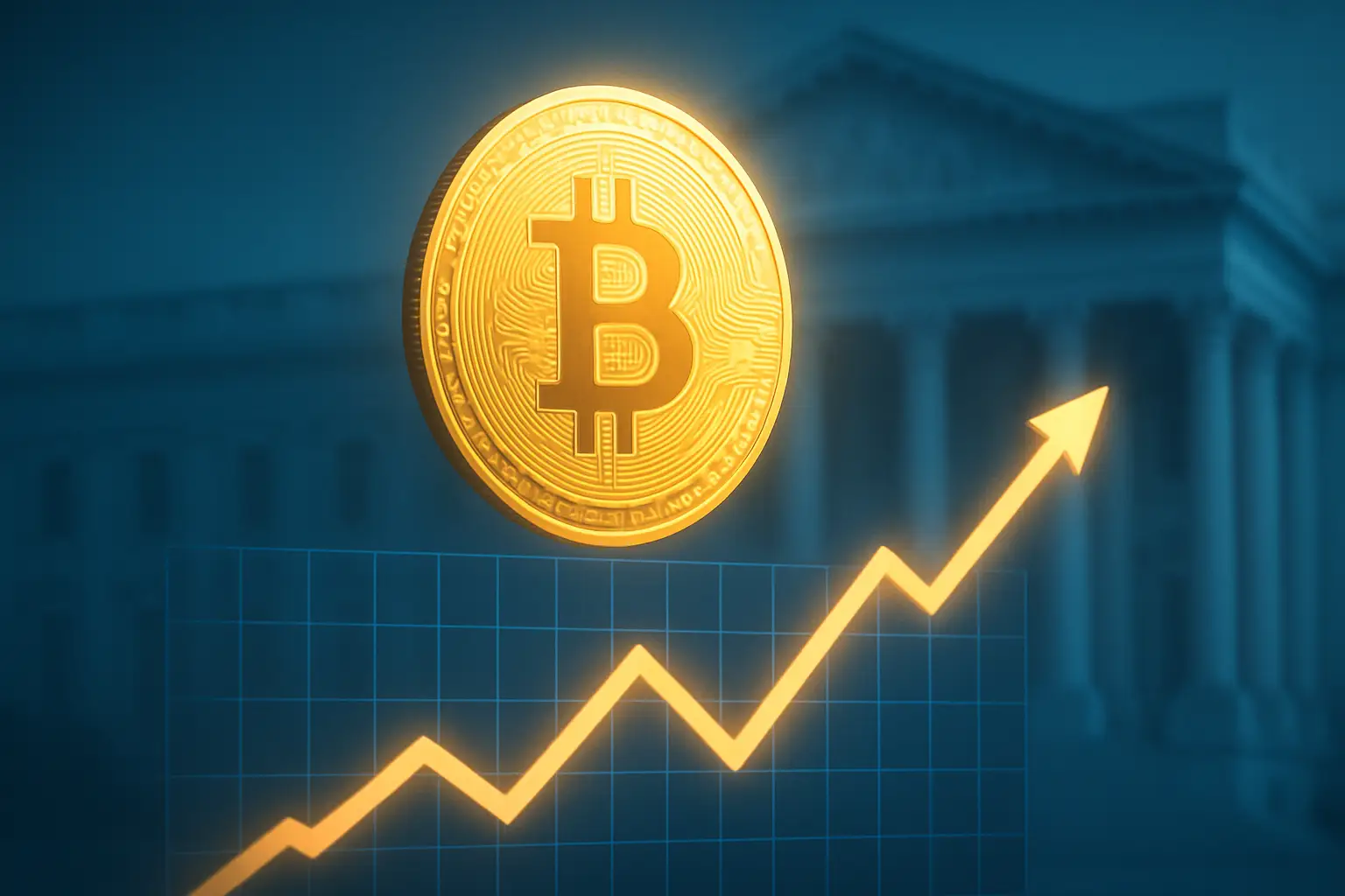 Bitcoin symbol rising on a digital chart with a government building silhouette in the background