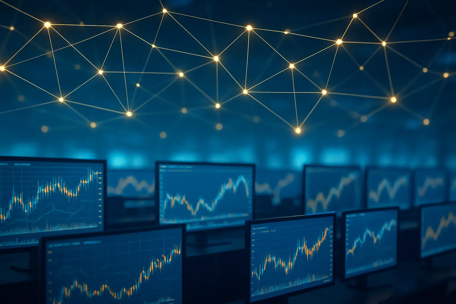 Abstract digital securities trading floor with blockchain network nodes overlaid on a stock exchange screen