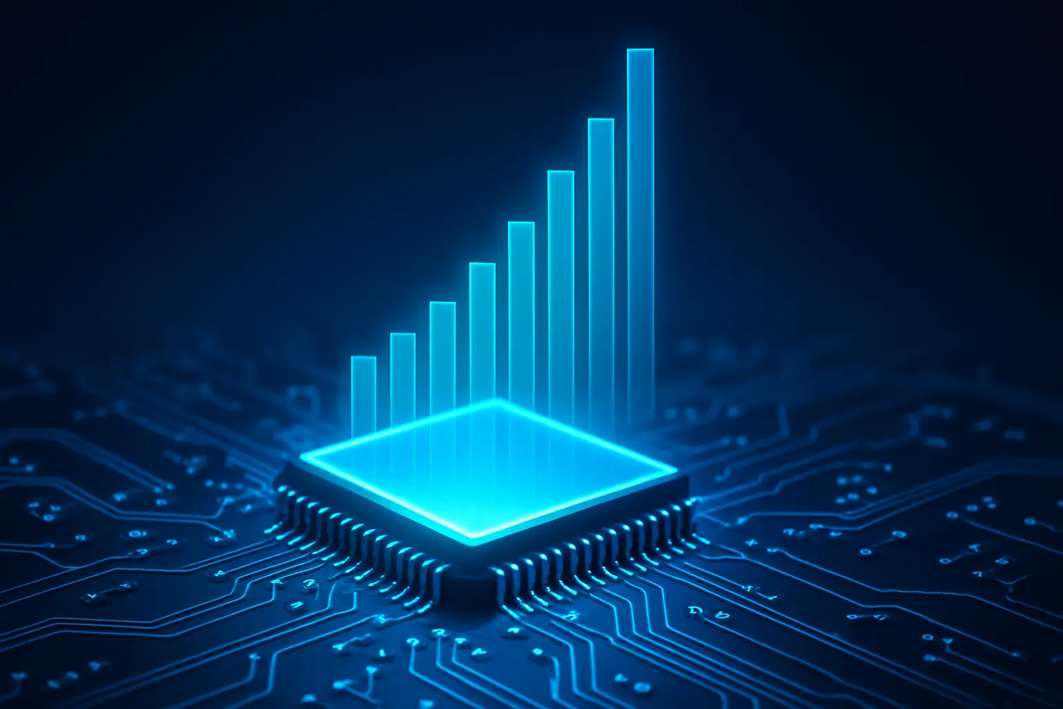 Glowing semiconductor chip beside digital currency symbols on a dark background