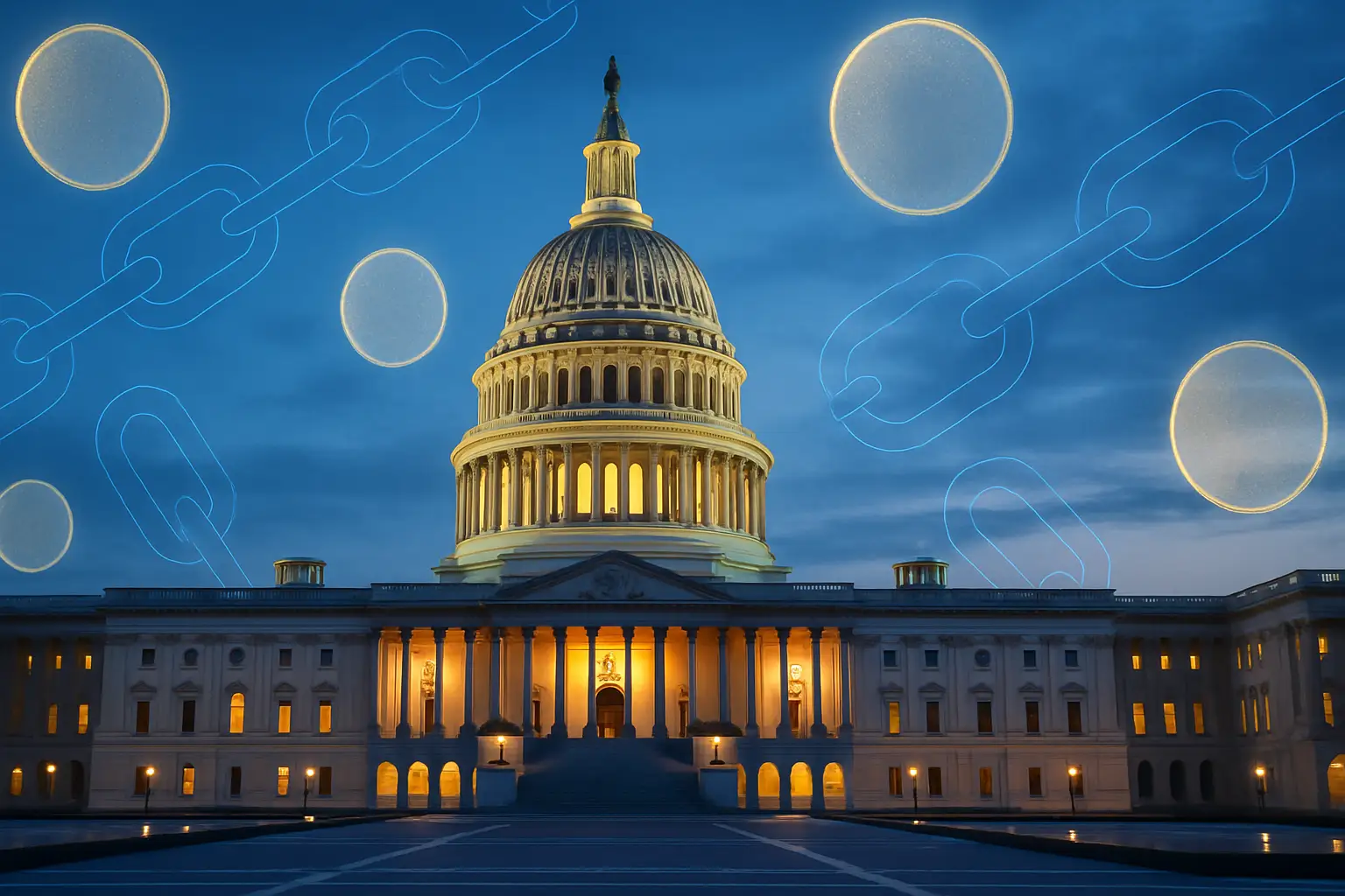 Capitol building with cryptocurrency symbols in the background representing Senate crypto oversight
