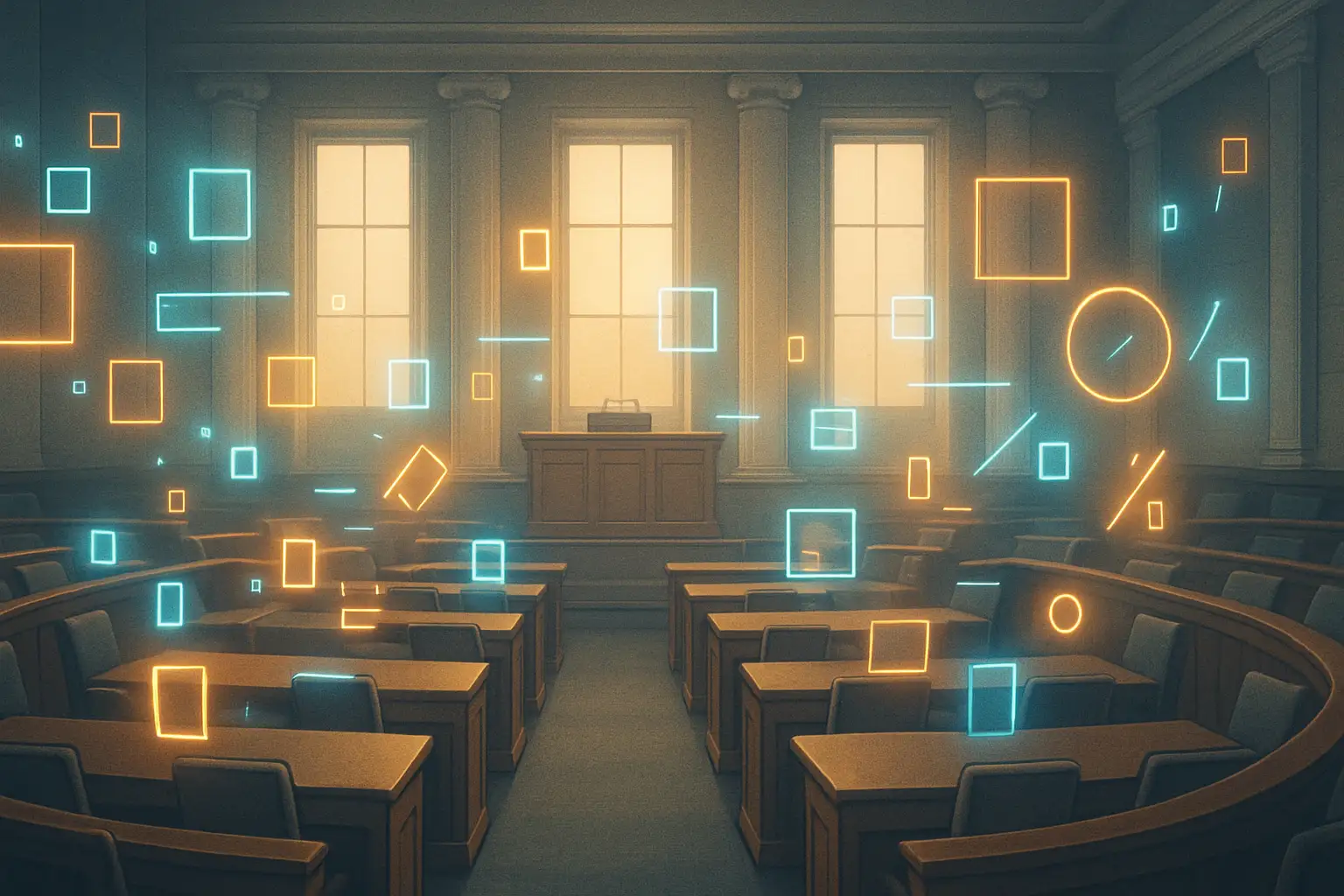 US Senate chamber with digital currency symbols overlaid on legislative documents