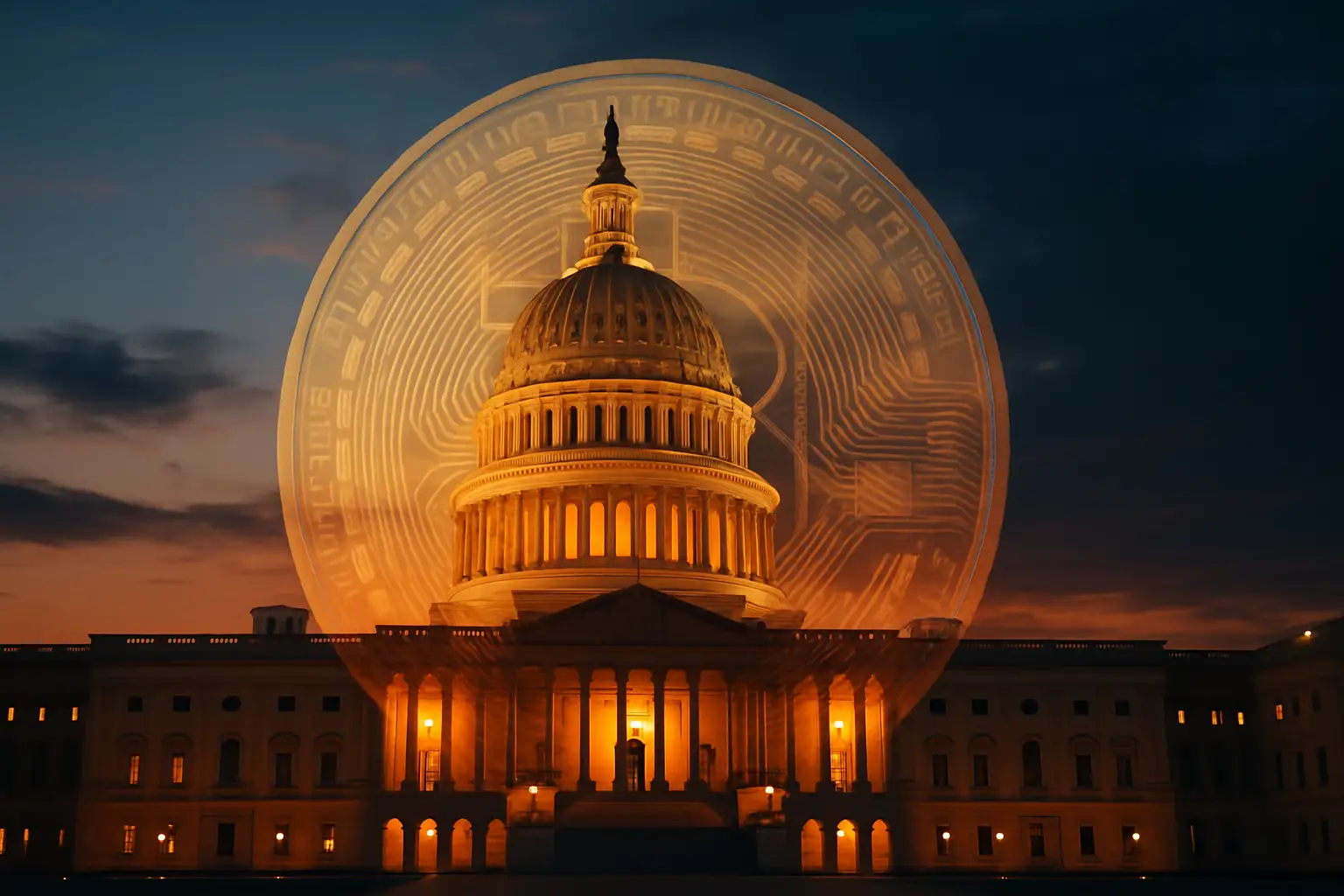 U.S. Capitol building with a cryptocurrency symbol overlay against a diplomatic backdrop