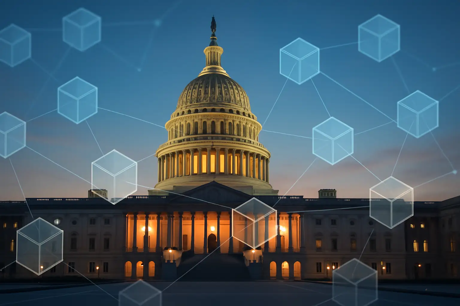 Capitol building with glowing digital currency symbols floating in front of it