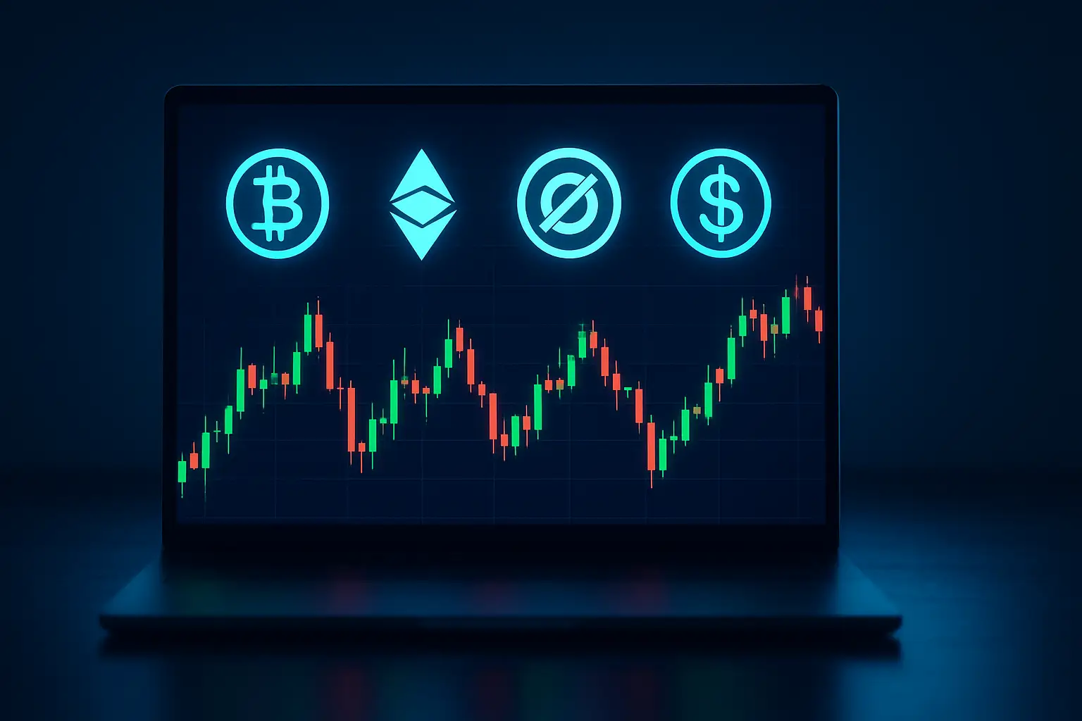 Four cryptocurrency token symbols displayed on a digital trading screen with green and red price indicators