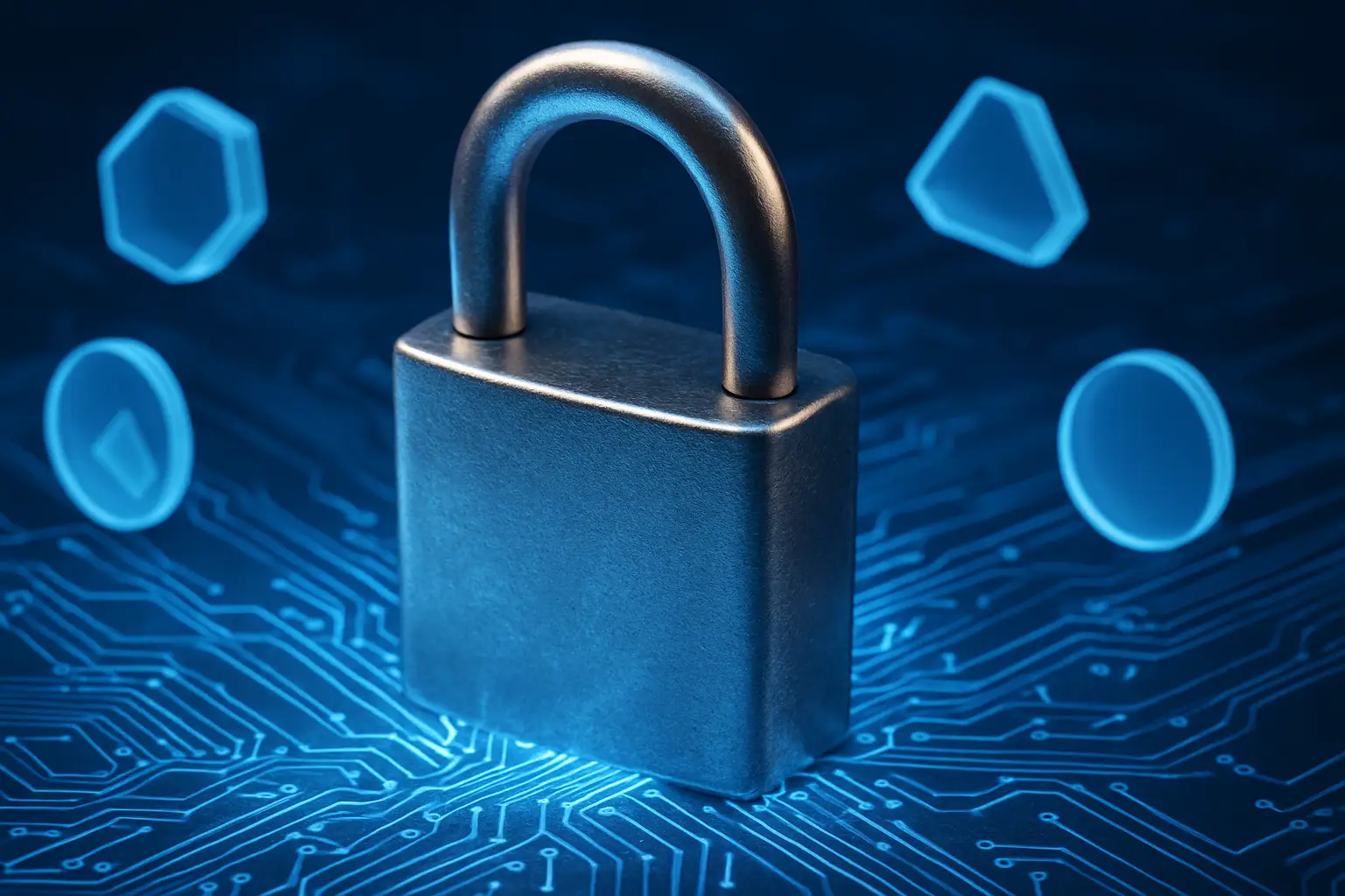 Abstract illustration of a padlock secured over a glowing digital blockchain network representing frozen cryptocurrency assets