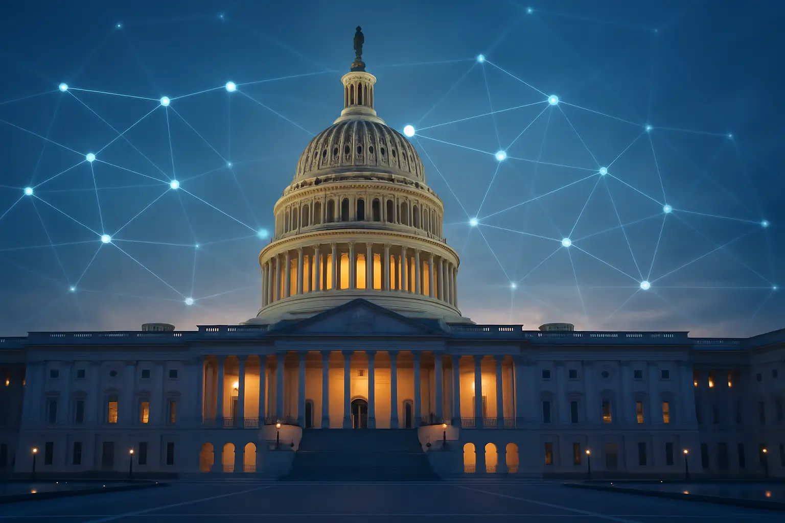 Capitol Hill building with digital blockchain network overlay representing crypto legislation advocacy