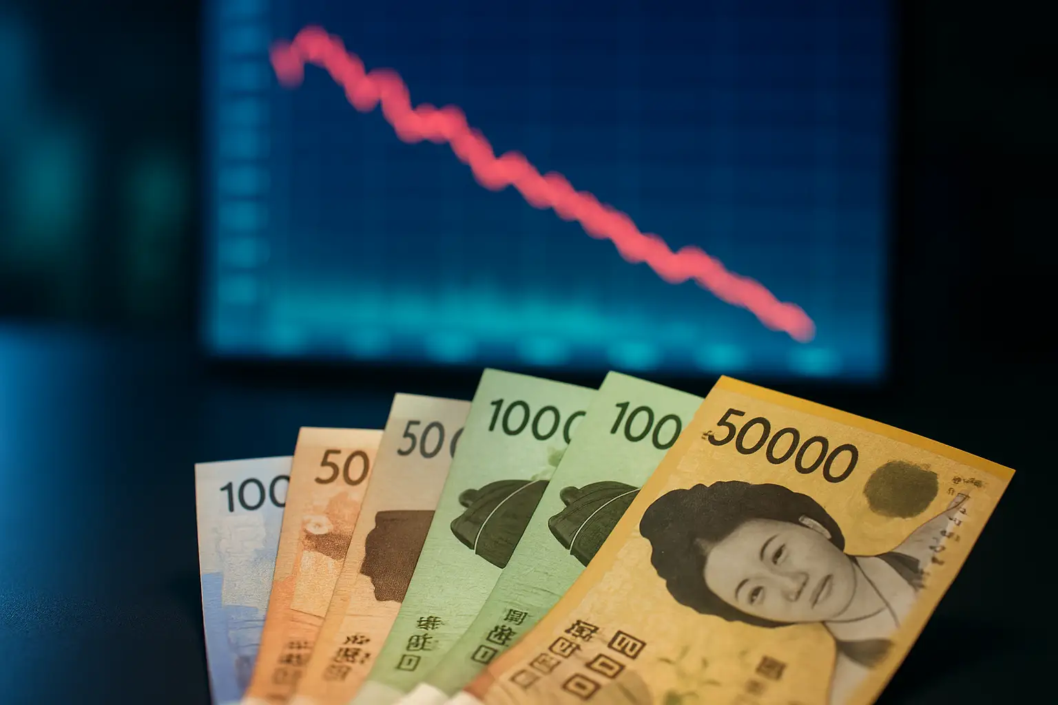 South Korean won banknotes beside a downward trending currency chart representing yen weakness