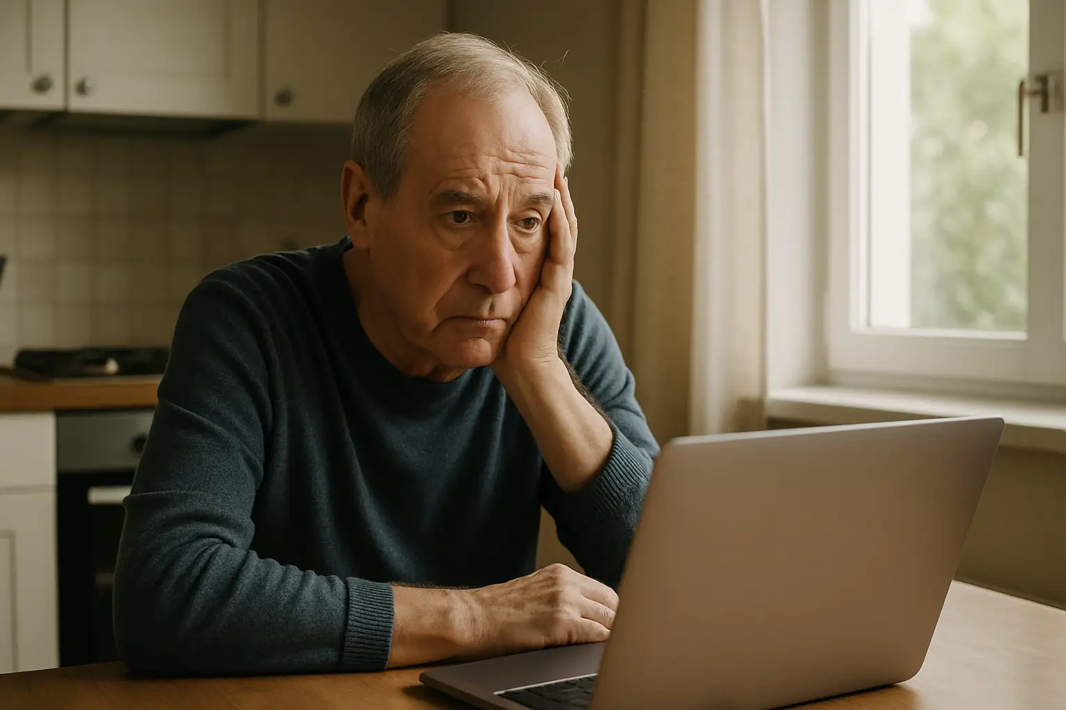 Elderly person looking worried at a computer screen showing cryptocurrency transaction alerts