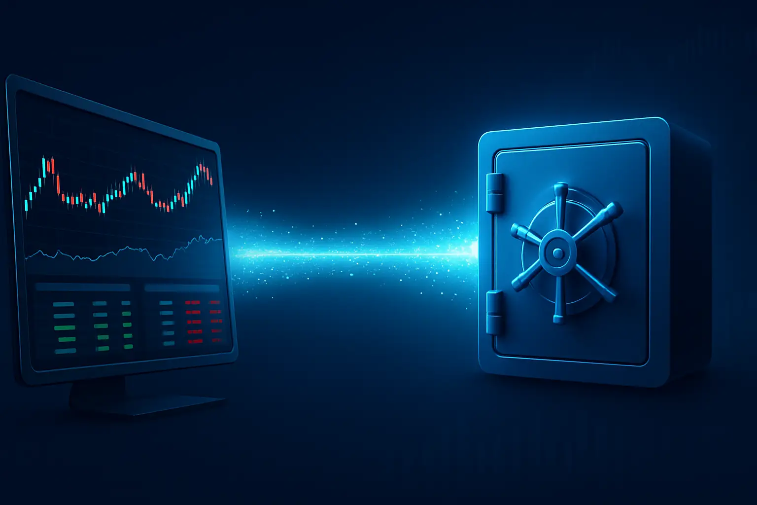Digital asset trading platform interface connected to a secure crypto custody vault illustration