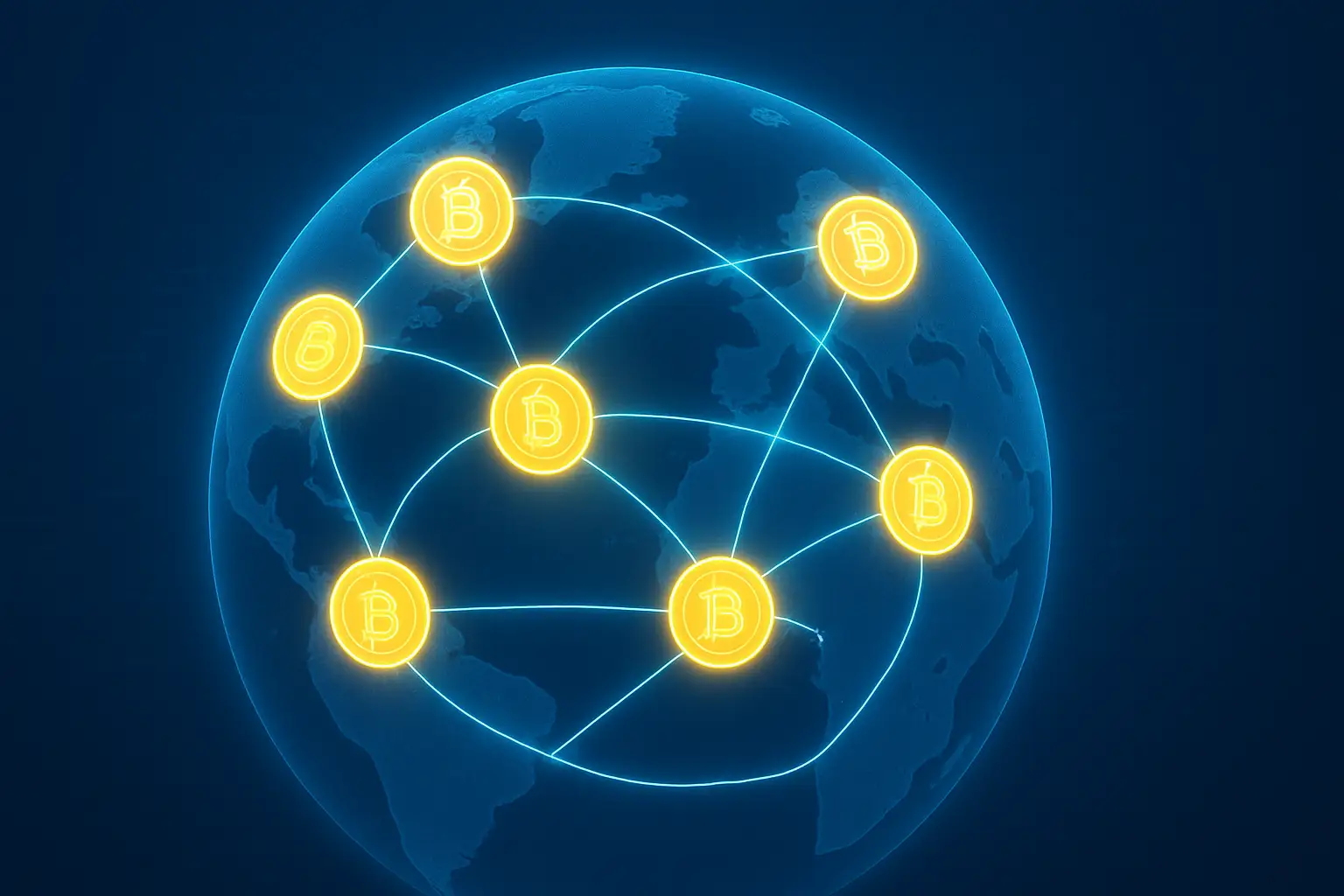Digital coins and payment network lines flowing across a global map