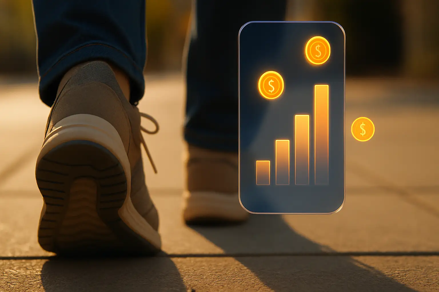 A person walking outdoors with a smartphone showing step-count data and crypto token graphics