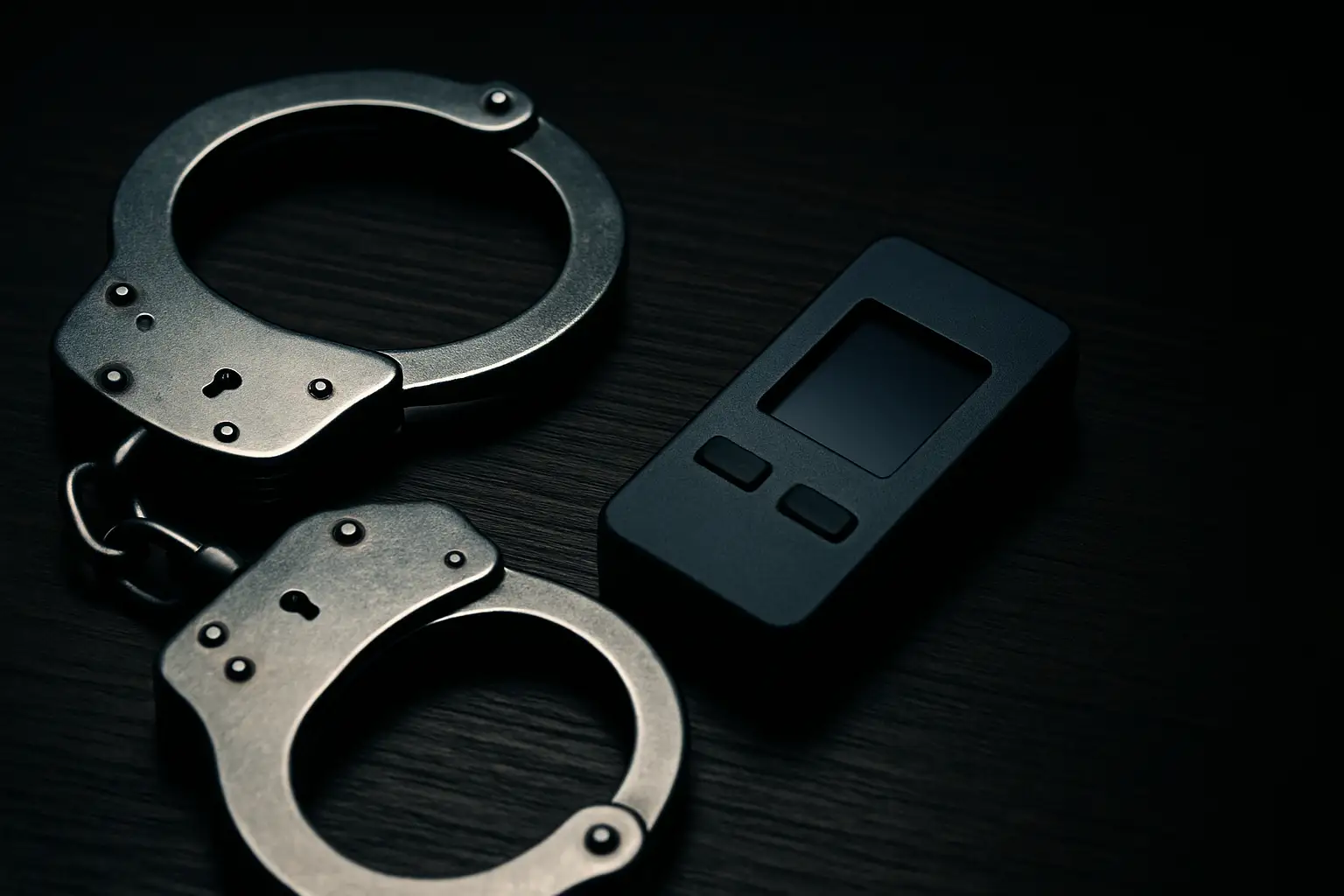 Handcuffs resting next to a hardware cryptocurrency wallet on a wooden table