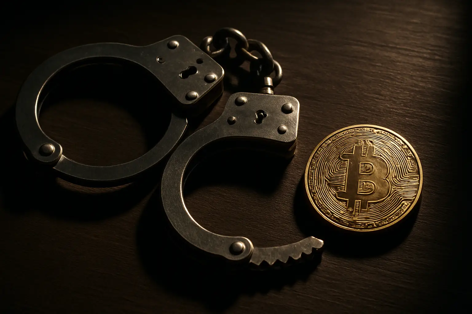 Handcuffs resting next to a physical bitcoin token on a wooden table in a dimly lit room