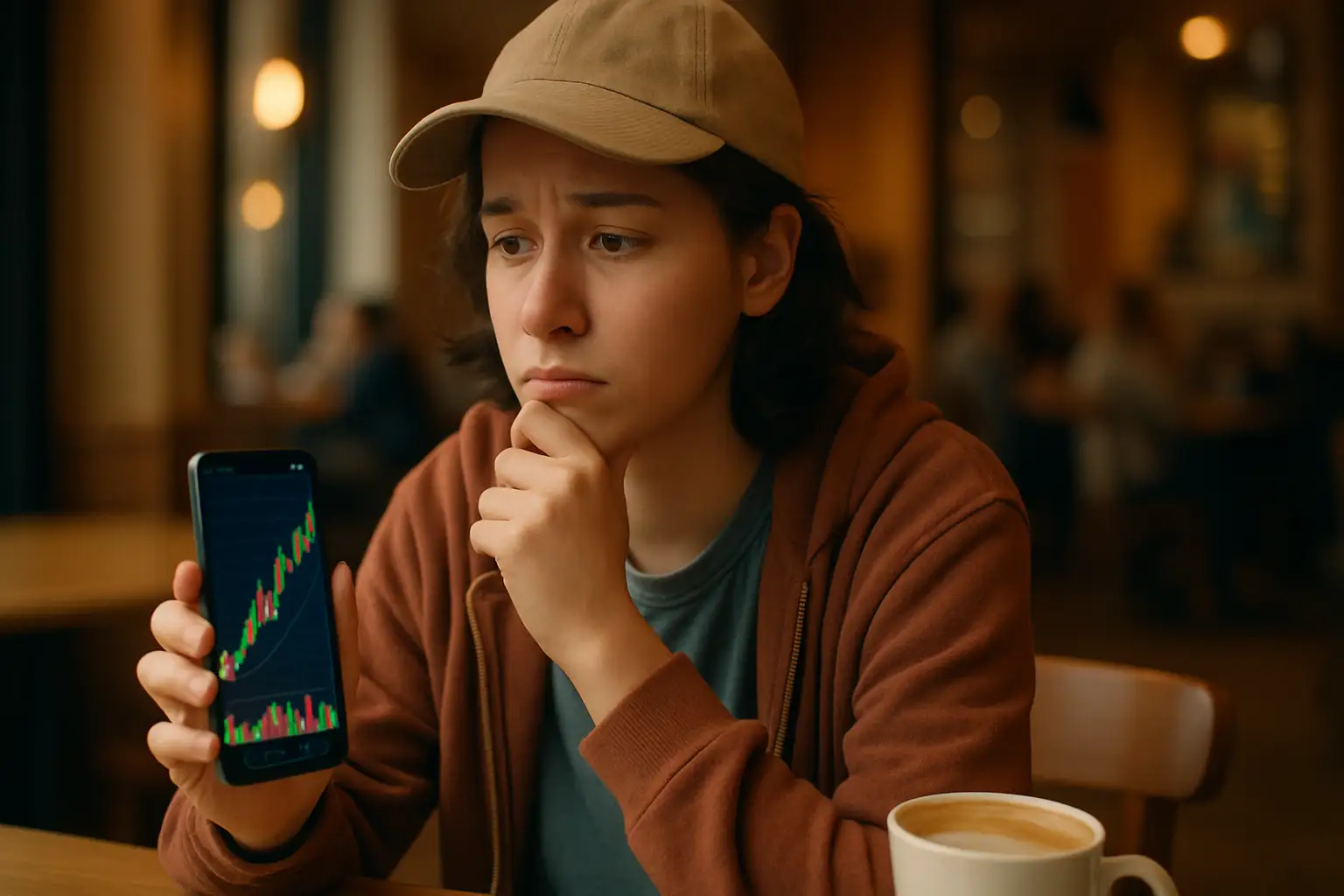 A trader looking cautiously at a rising stock chart on a mobile phone screen