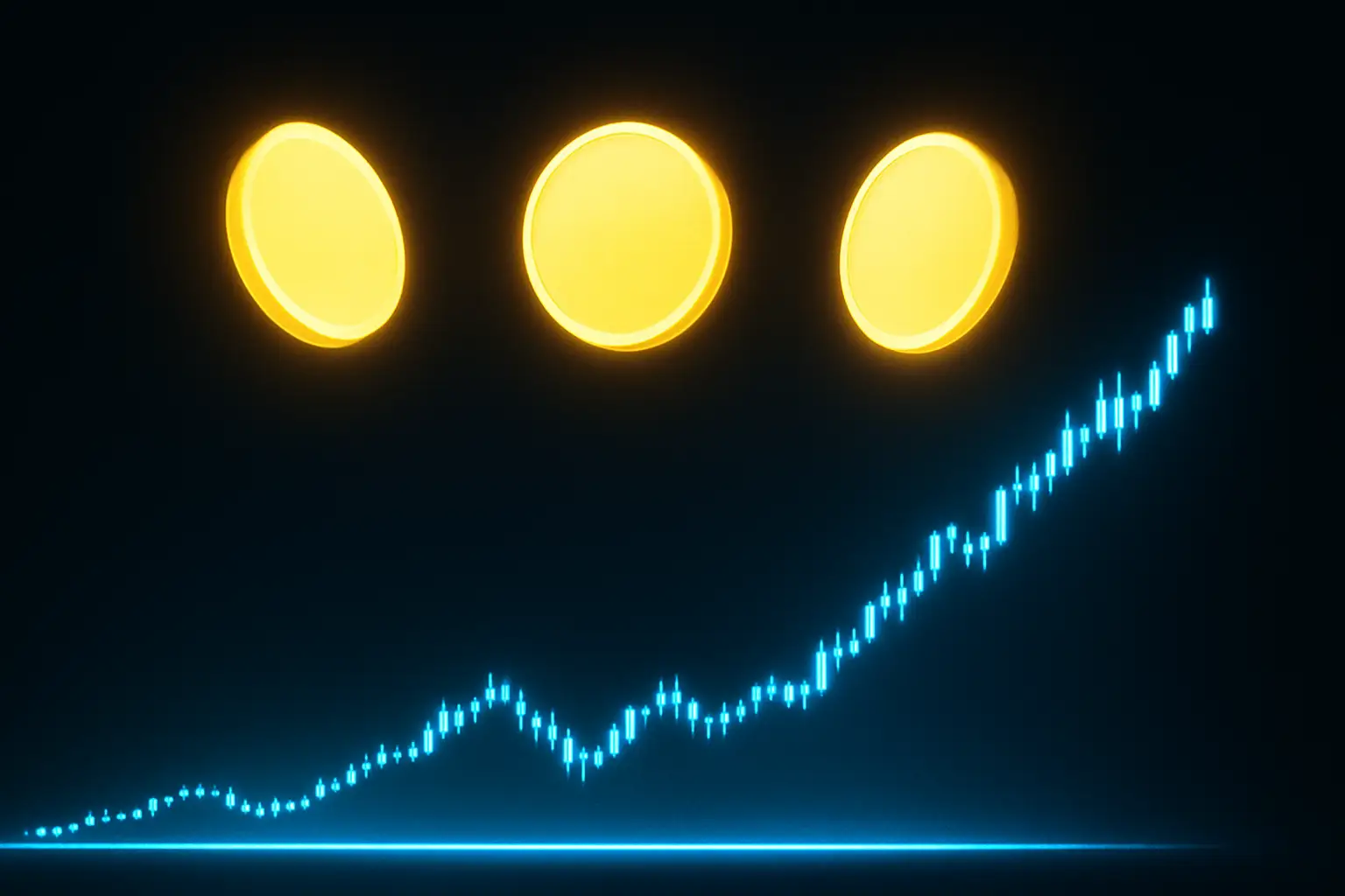 Three glowing cryptocurrency tokens rising on a digital market chart display