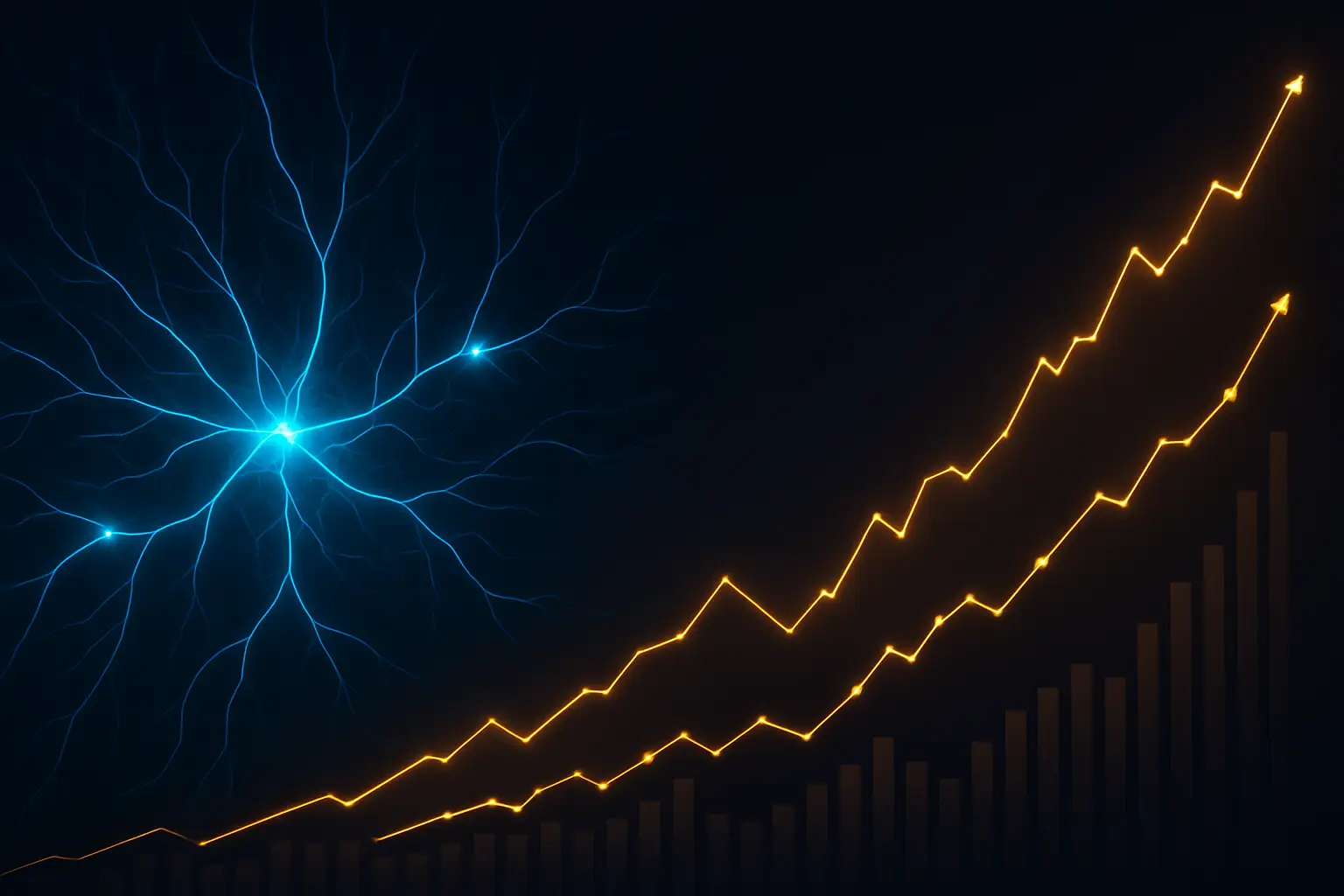 Glowing digital brain connected to rising crypto price chart on a dark background
