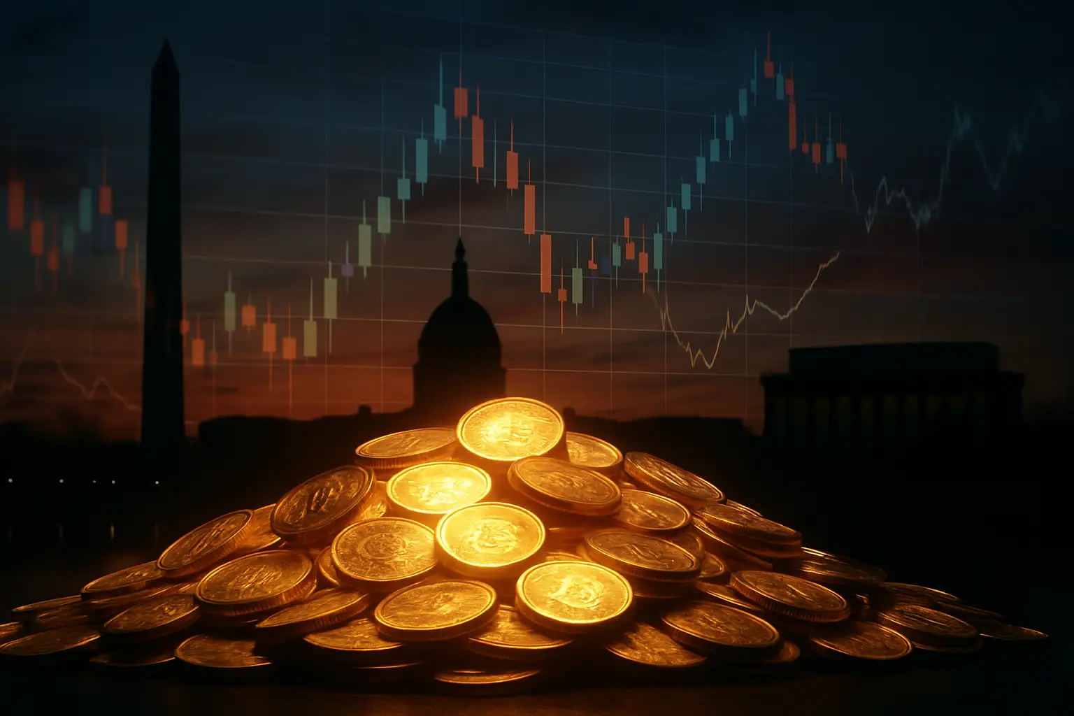 Abstract digital coins and financial charts representing large cryptocurrency earnings