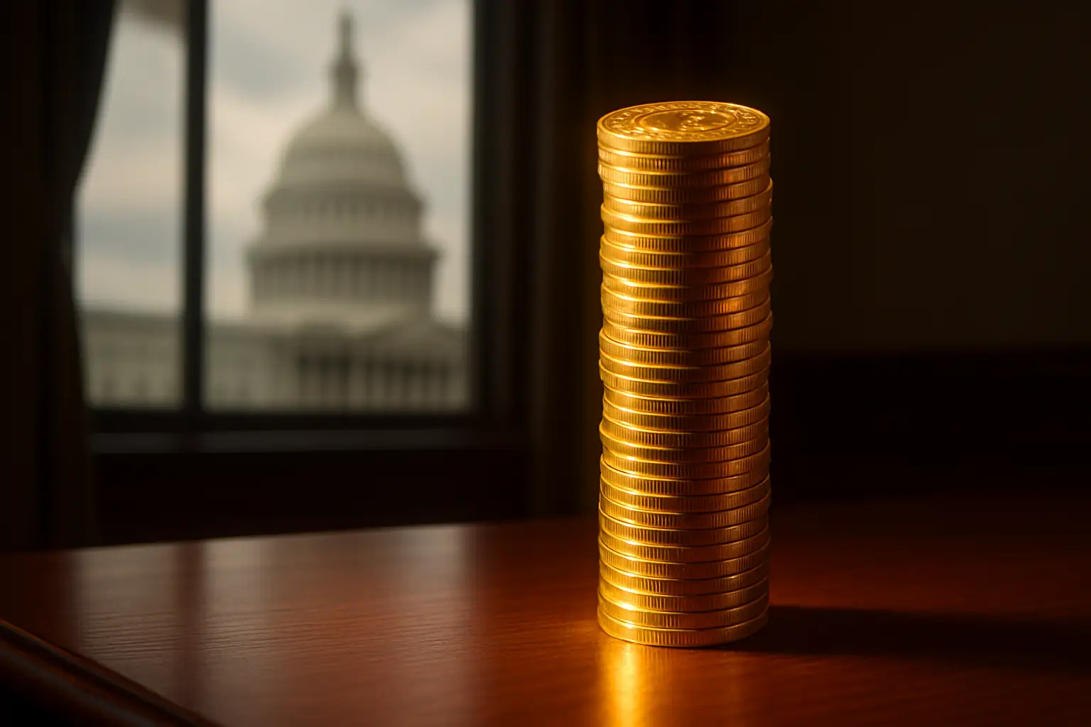 Golden cryptocurrency coins stacked on a desk beside a presidential podium in a dramatic editorial setting