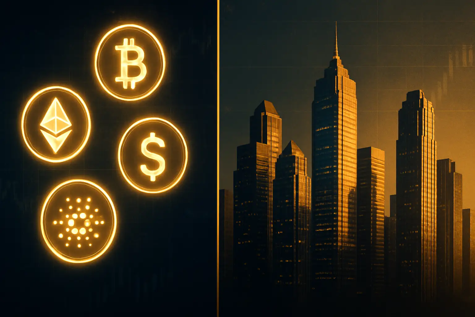 Abstract illustration of cryptocurrency coins and a city skyline representing digital assets and real estate wealth