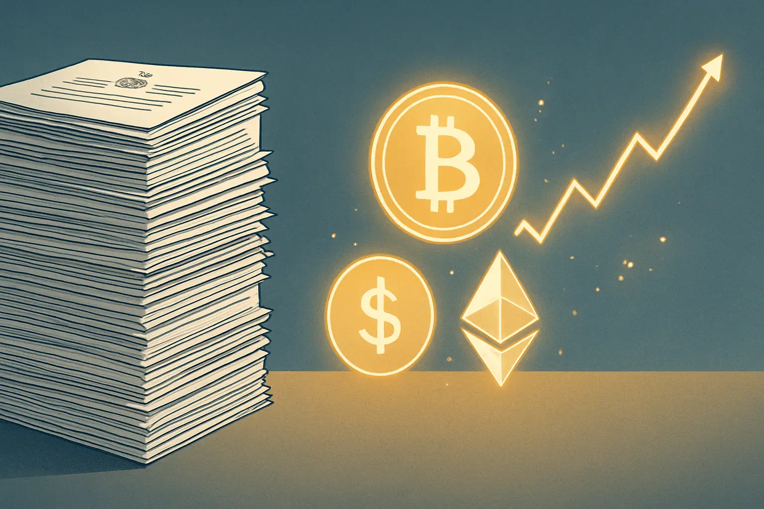 Abstract illustration of financial documents and digital currency symbols representing presidential wealth disclosure