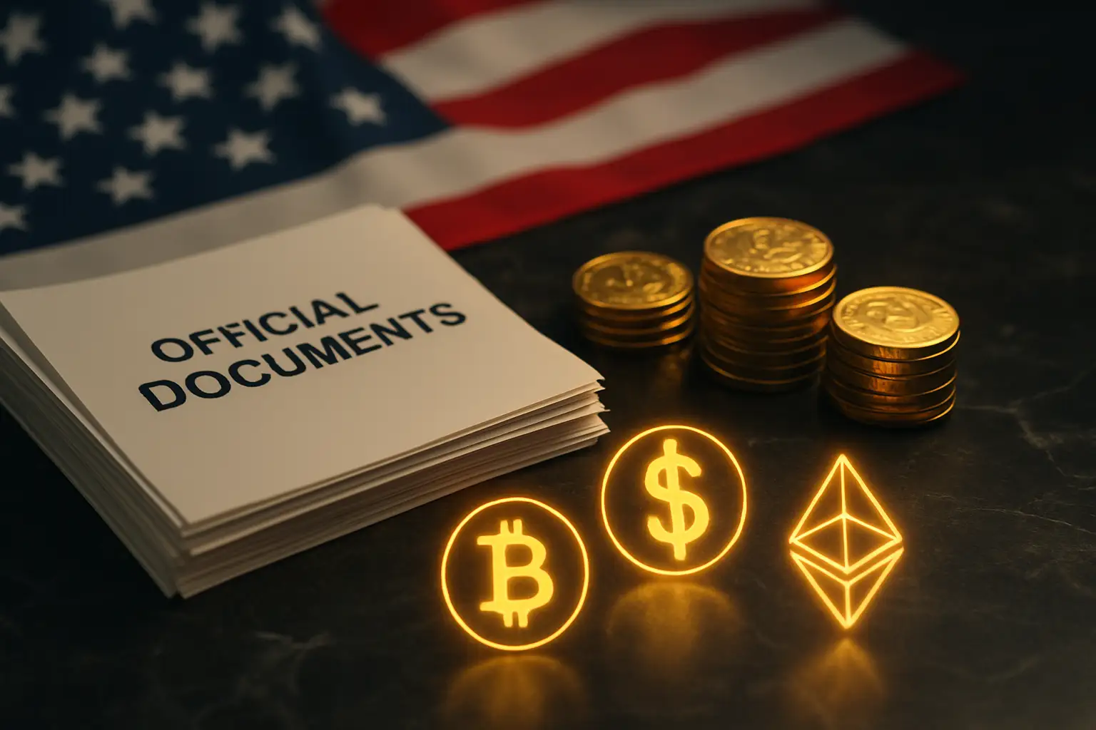 Illustration of financial documents and digital currency symbols representing a presidential financial disclosure
