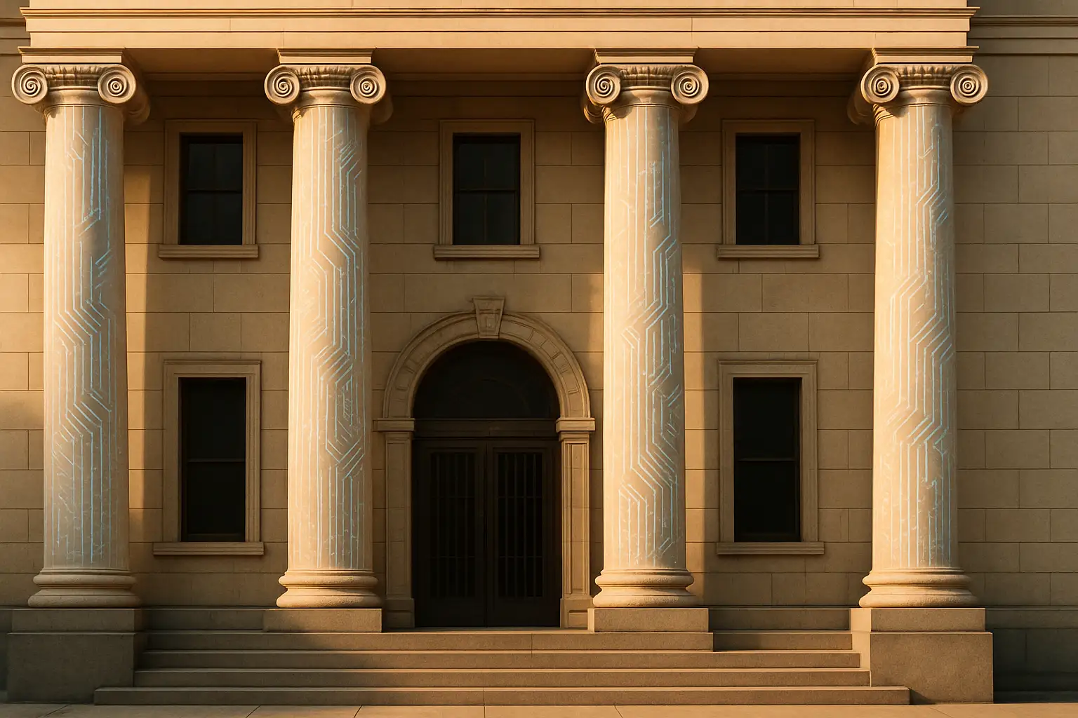 Cryptocurrency coins and a bank building representing crypto firms seeking banking licenses