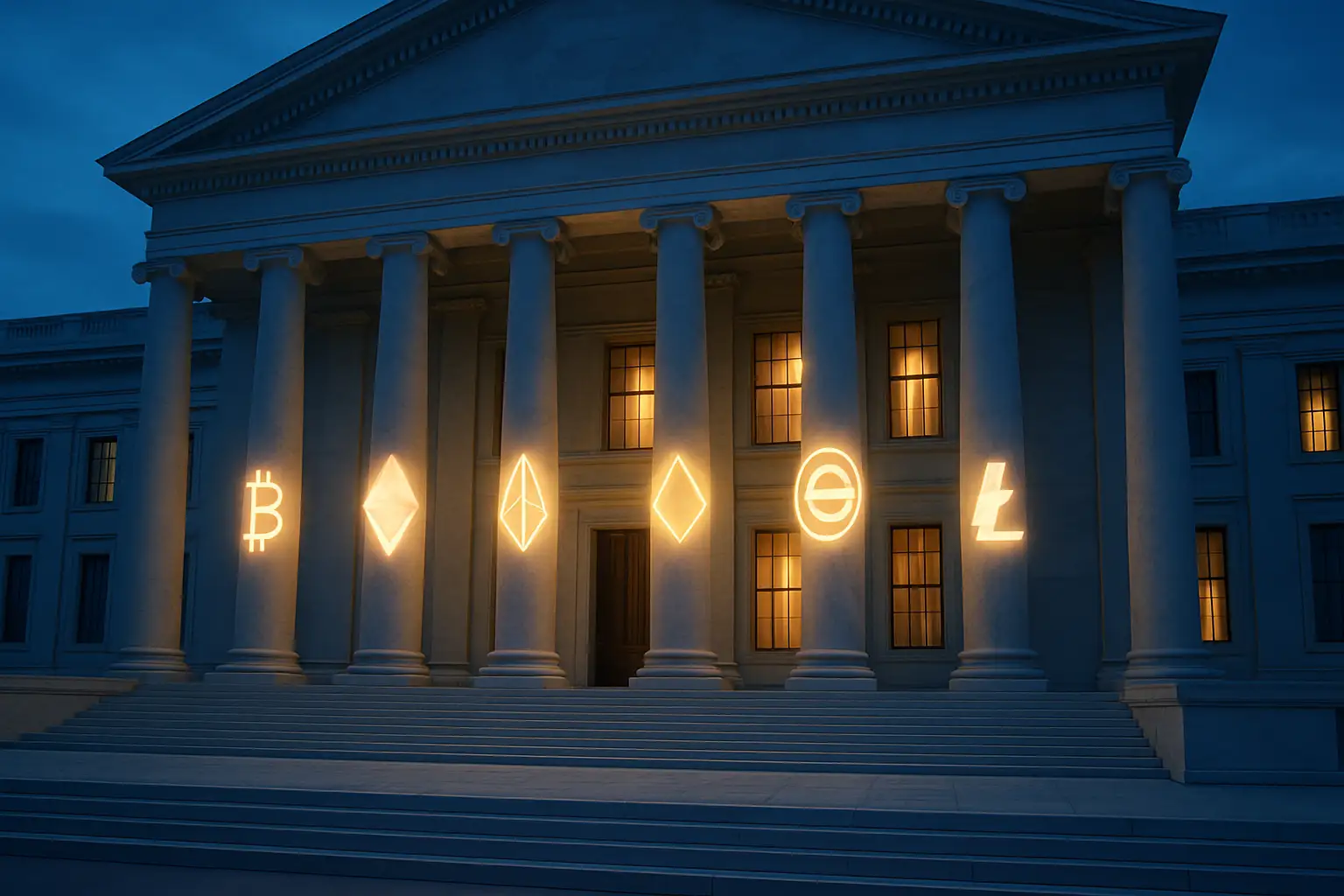 A government building facade with digital currency symbols projected on it at night