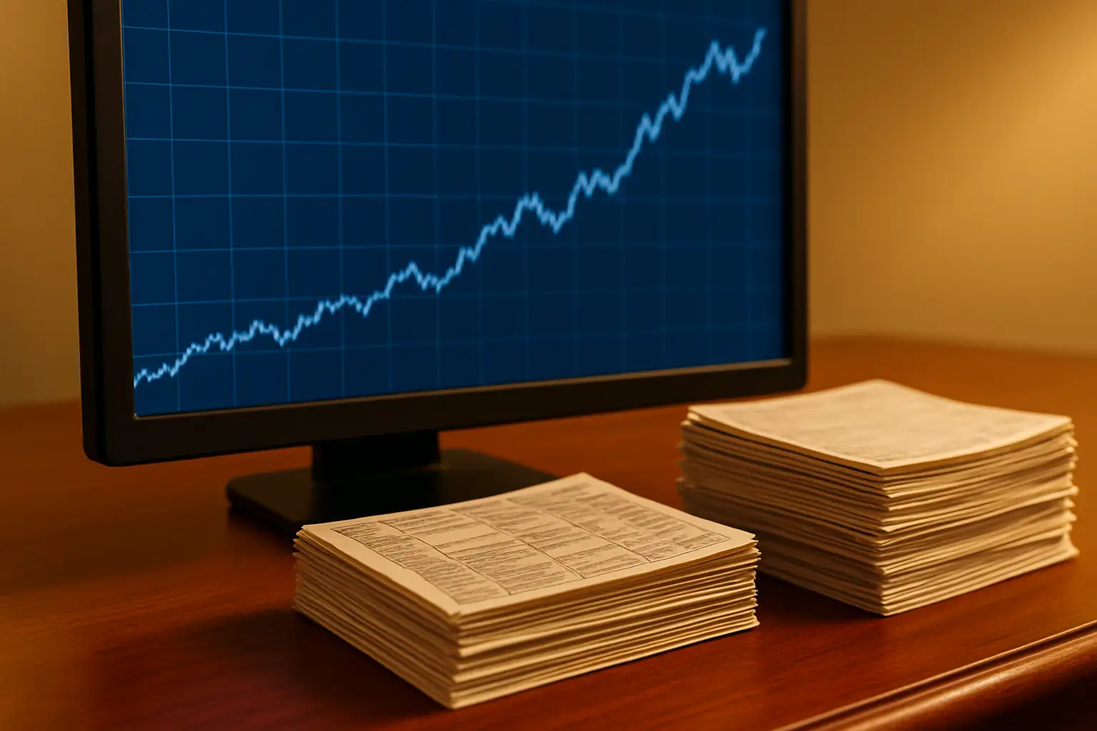 Stock market trading screen showing Berkshire Hathaway share price with busy trading floor in background