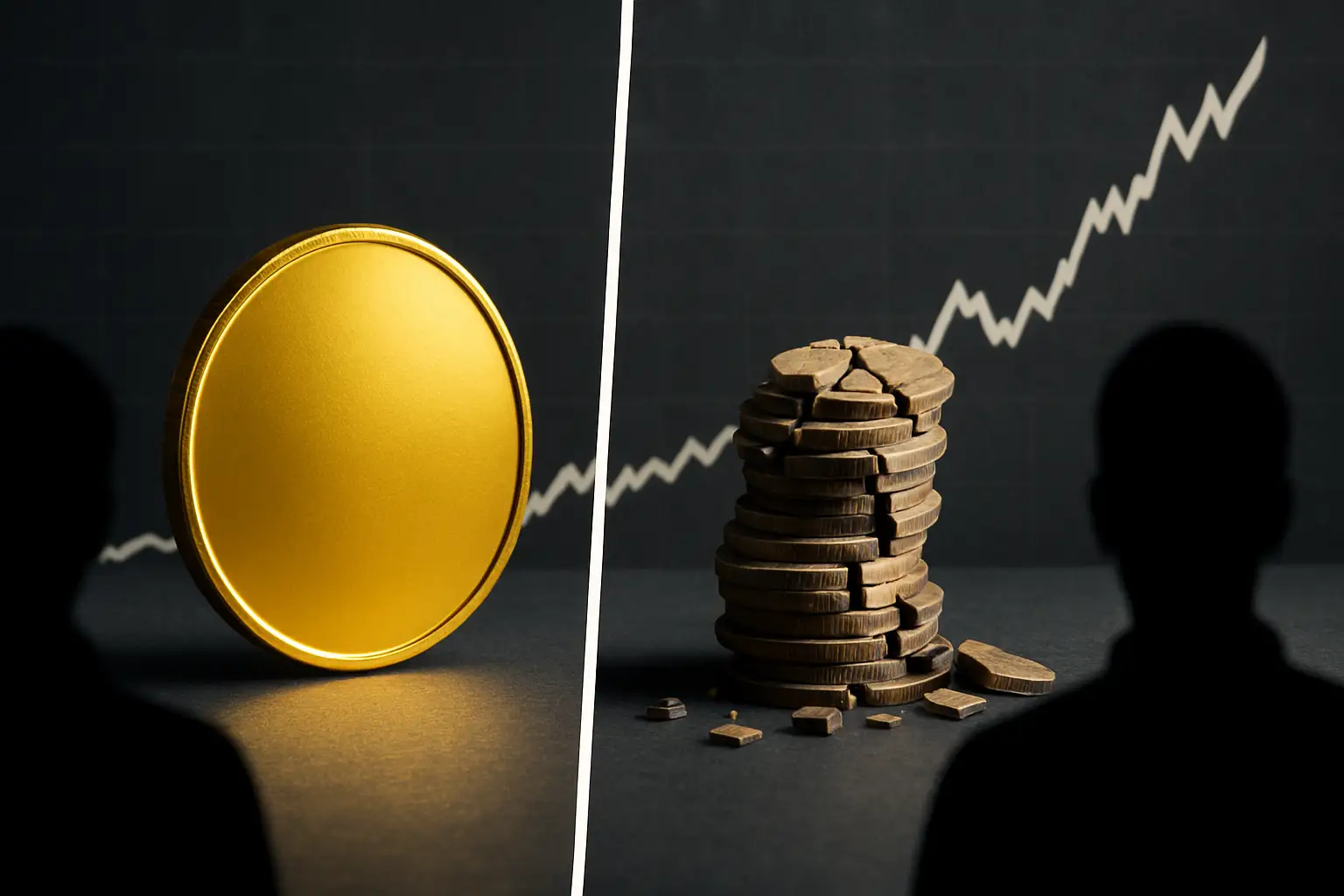 Illustration of a rising crypto chart with contrasting winner and loser silhouettes