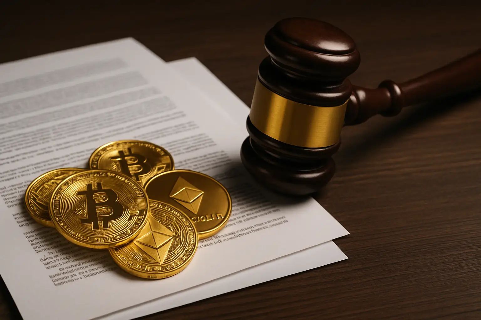 A set of golden coins with a presidential seal resting on a government document beside a gavel