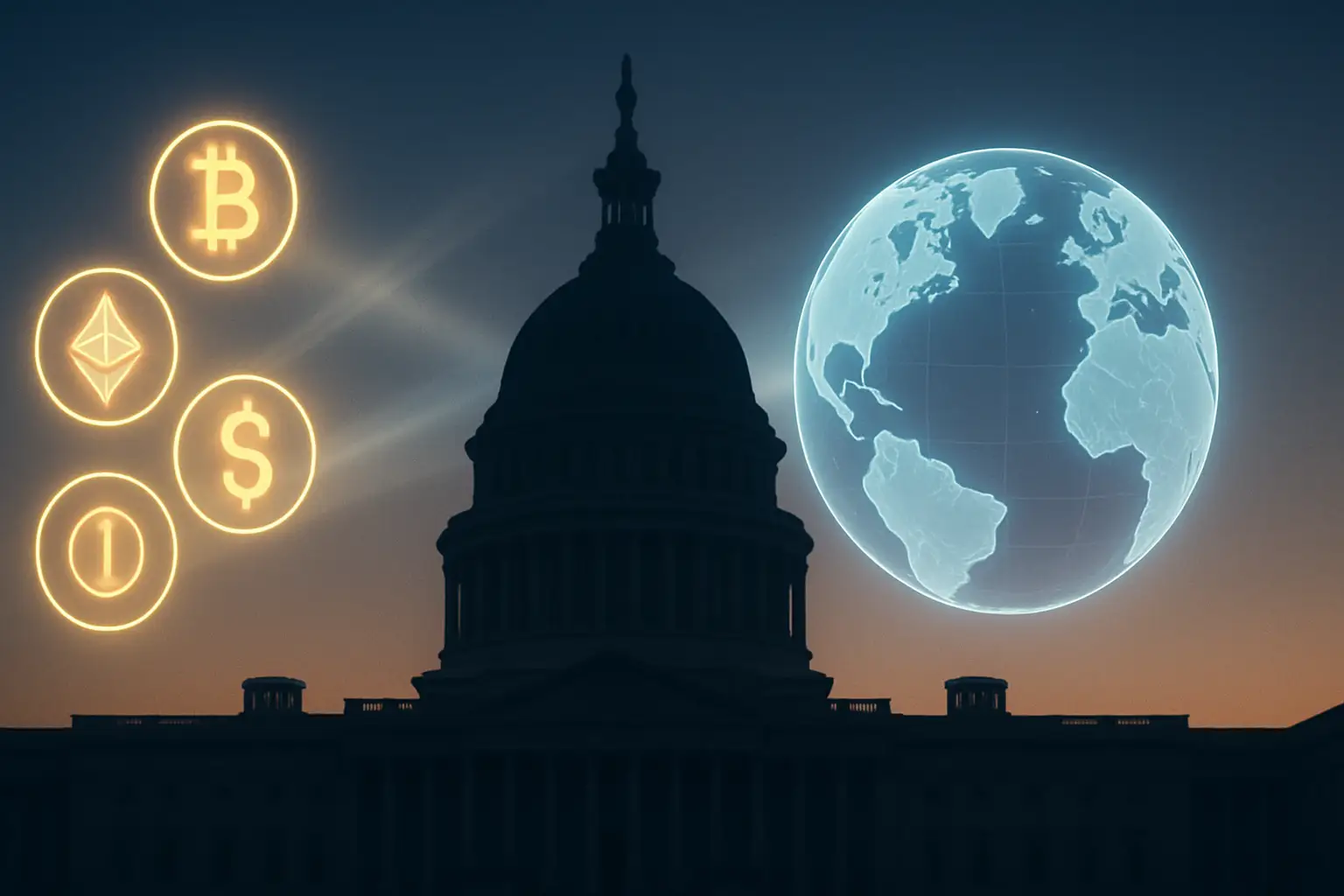 A symbolic scene showing a Capitol building silhouette alongside digital currency symbols and a globe representing global diplomacy