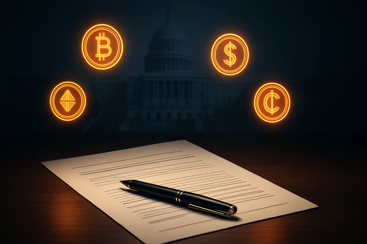 A financial document surrounded by digital currency symbols and a government building silhouette