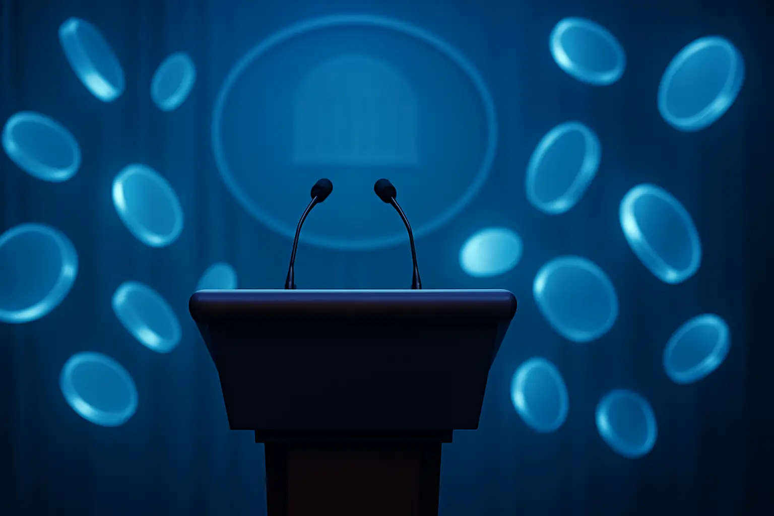 A podium at a press briefing with digital currency symbols glowing in the background