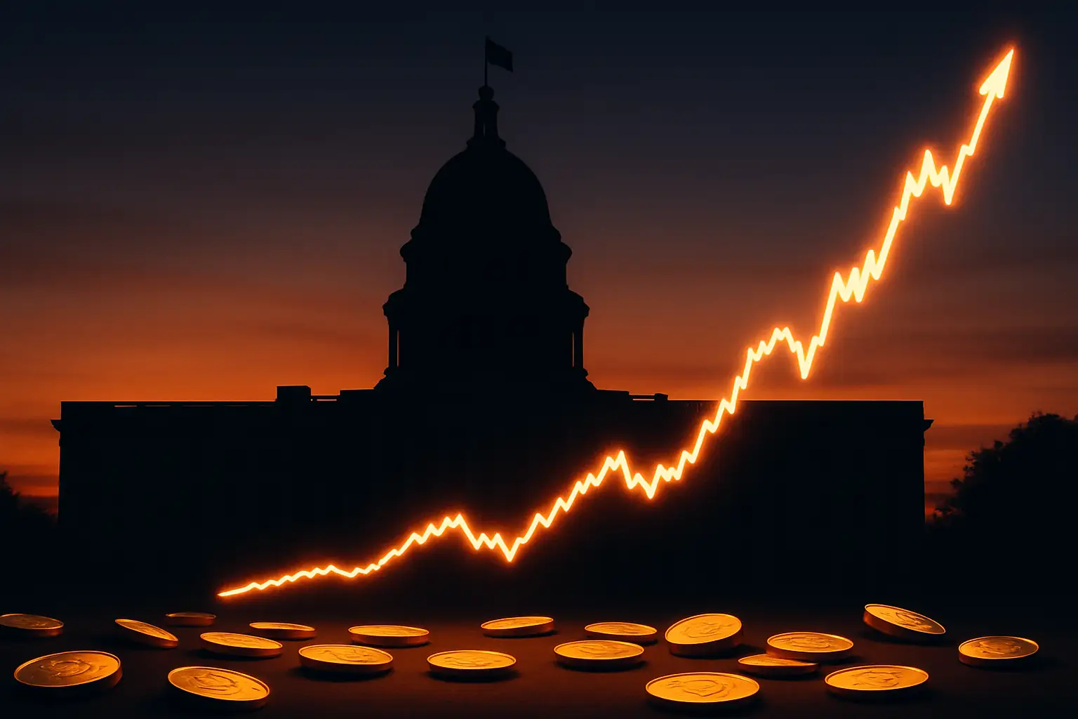 A conceptual illustration of a large upward-trending crypto price chart against a backdrop of government buildings