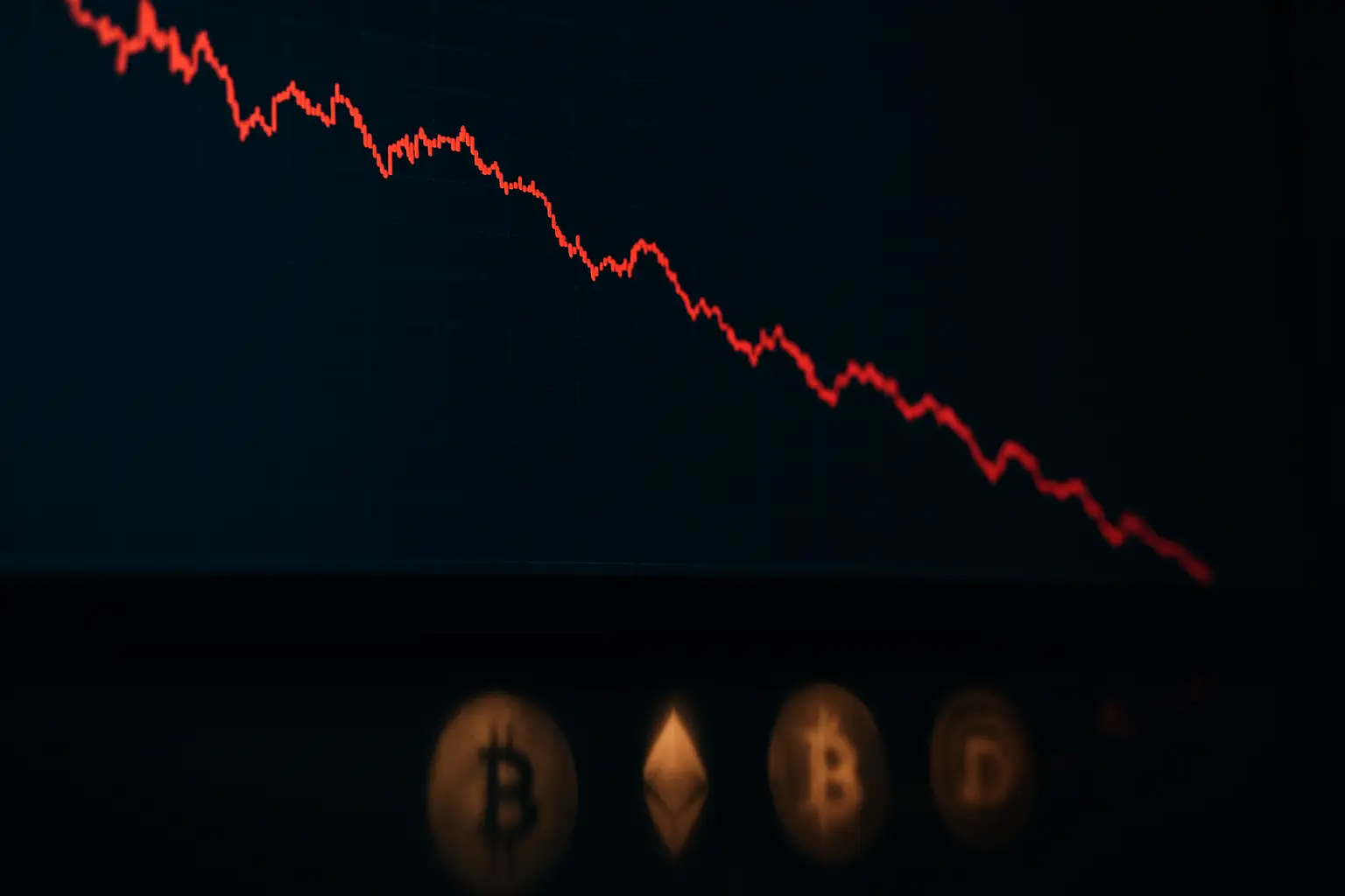 A stock chart showing a downward price trend with crypto market indicators in the background