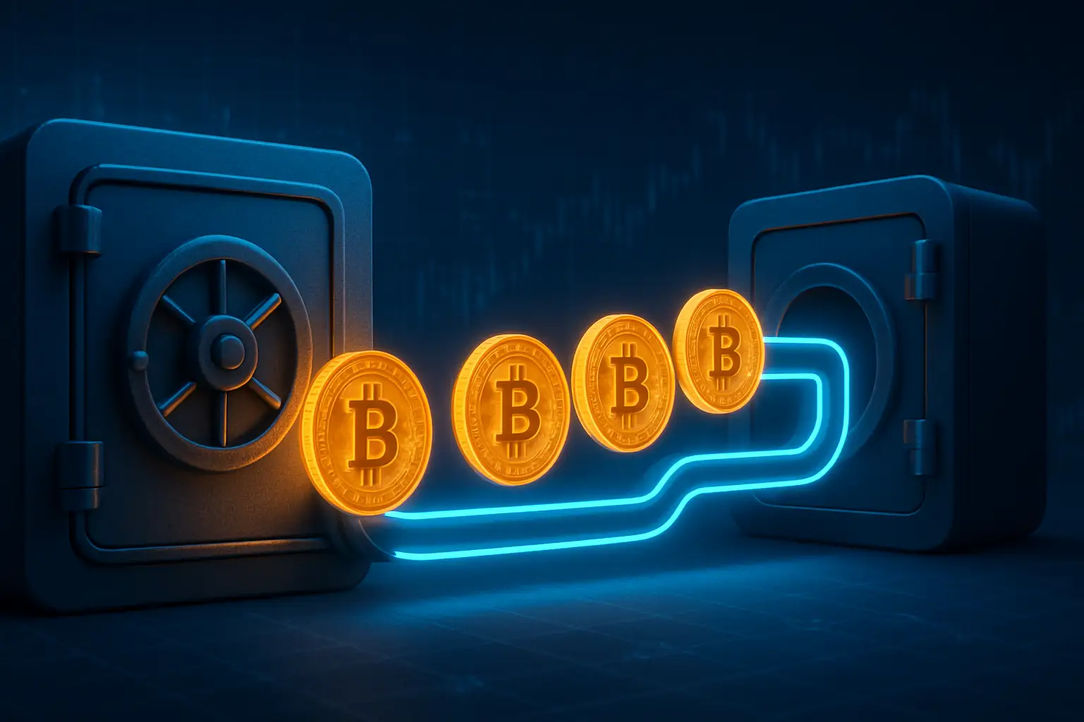 A digital illustration of a large Bitcoin transfer moving between secure vault icons representing corporate crypto custody