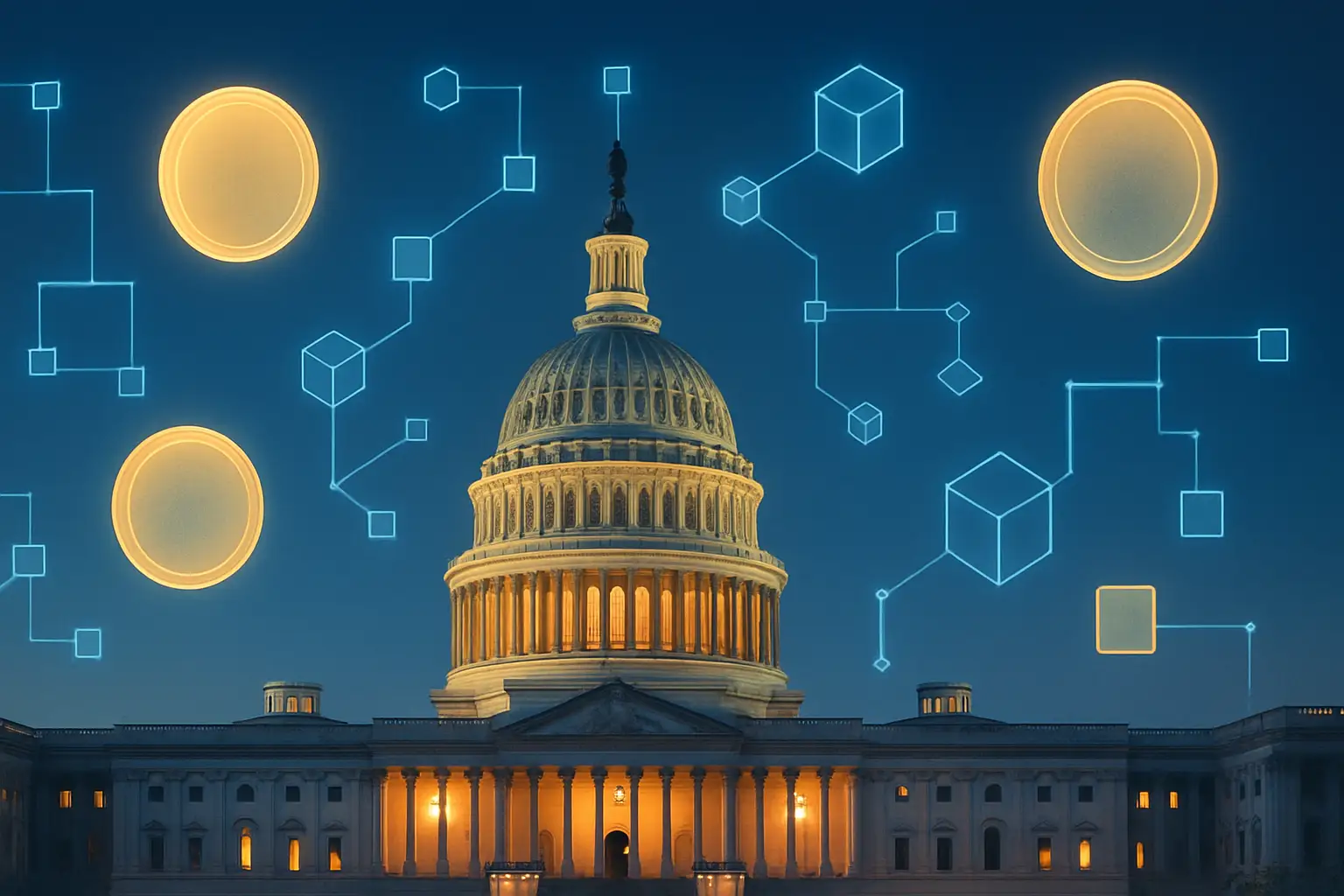 Capitol building with digital currency symbols floating above it