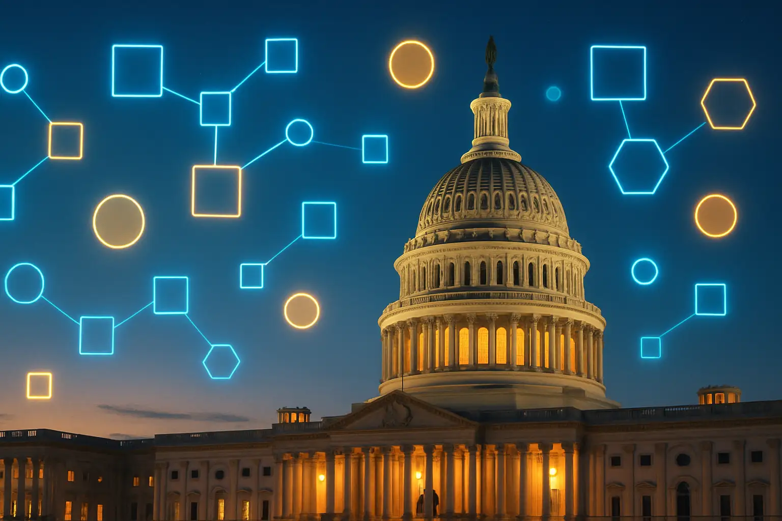Capitol building at dusk with digital currency symbols floating in the sky
