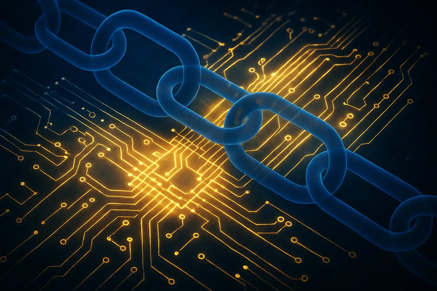 Abstract visualization of quantum circuits intersecting with a digital blockchain network