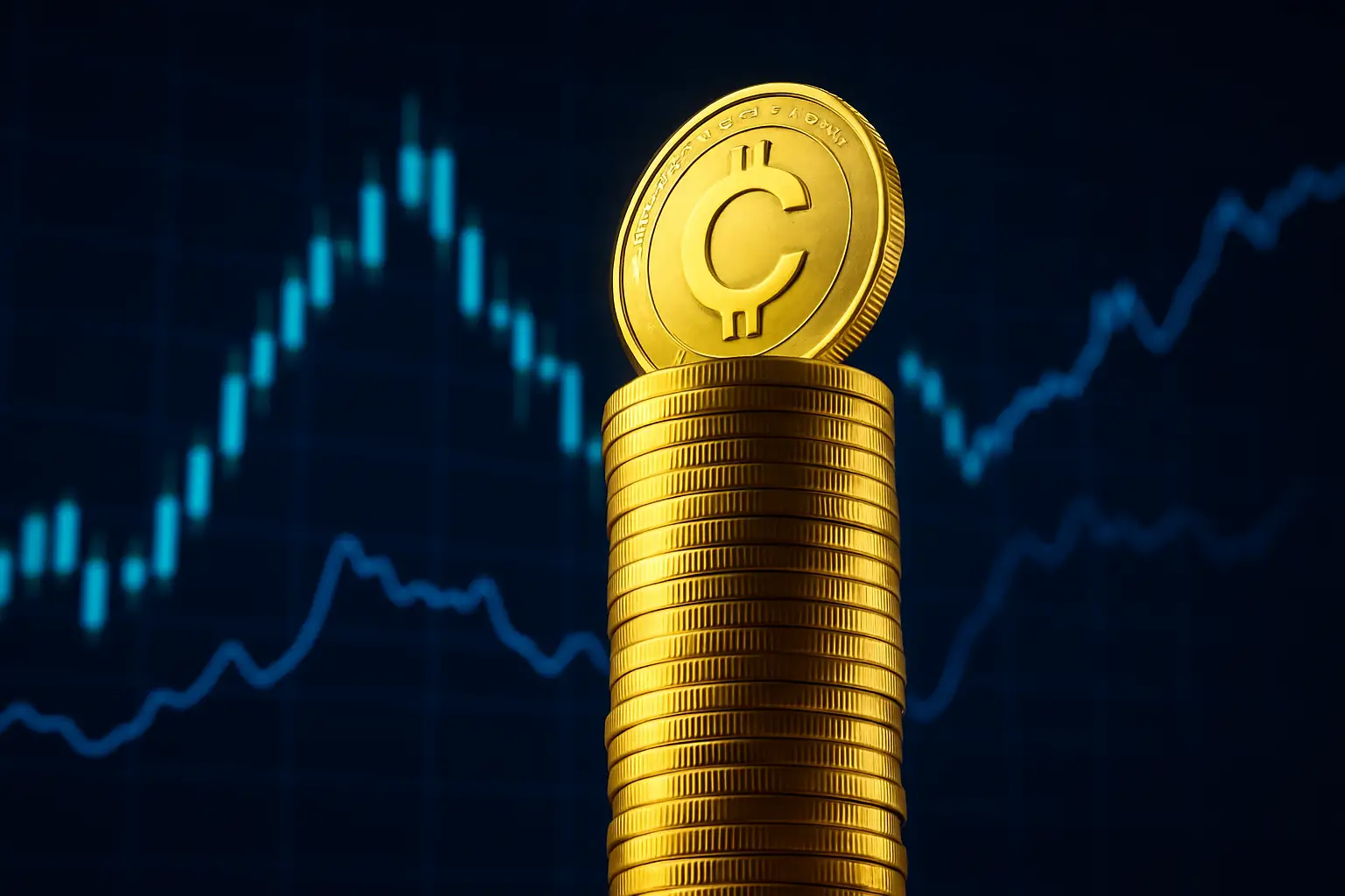 A large gold coin with a cryptocurrency symbol on a dark background surrounded by financial charts