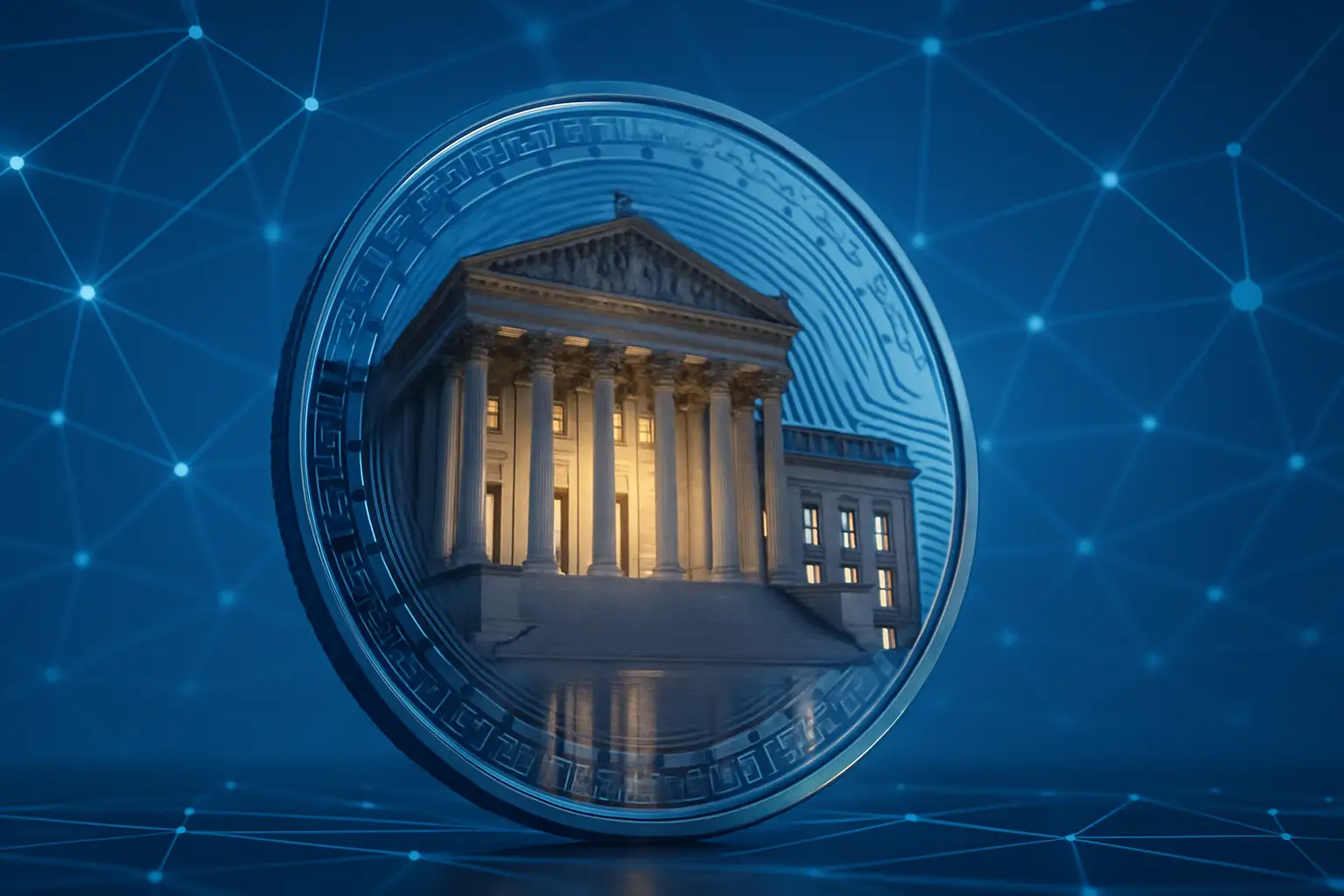 A government building with cryptocurrency symbols in the foreground representing political and financial conflict of interest