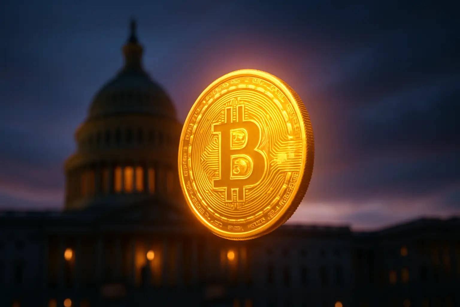 A digital cryptocurrency coin glowing in front of a blurred government building silhouette at dusk