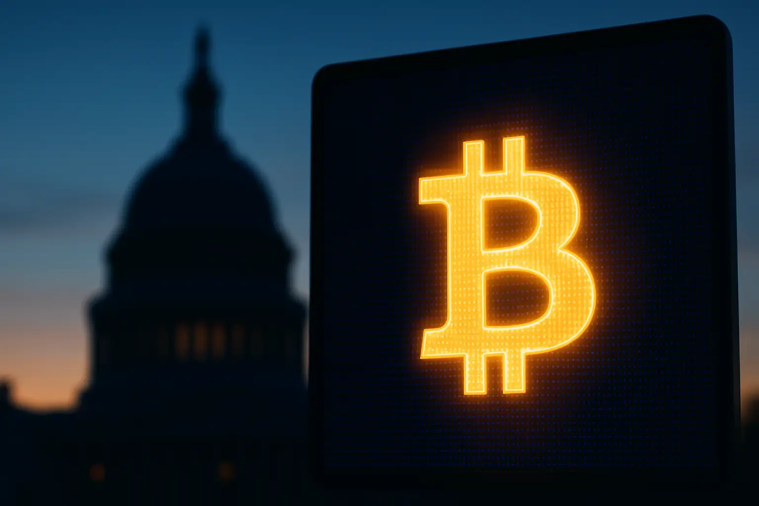 A digital currency symbol glowing on a screen next to a government building silhouette at dusk